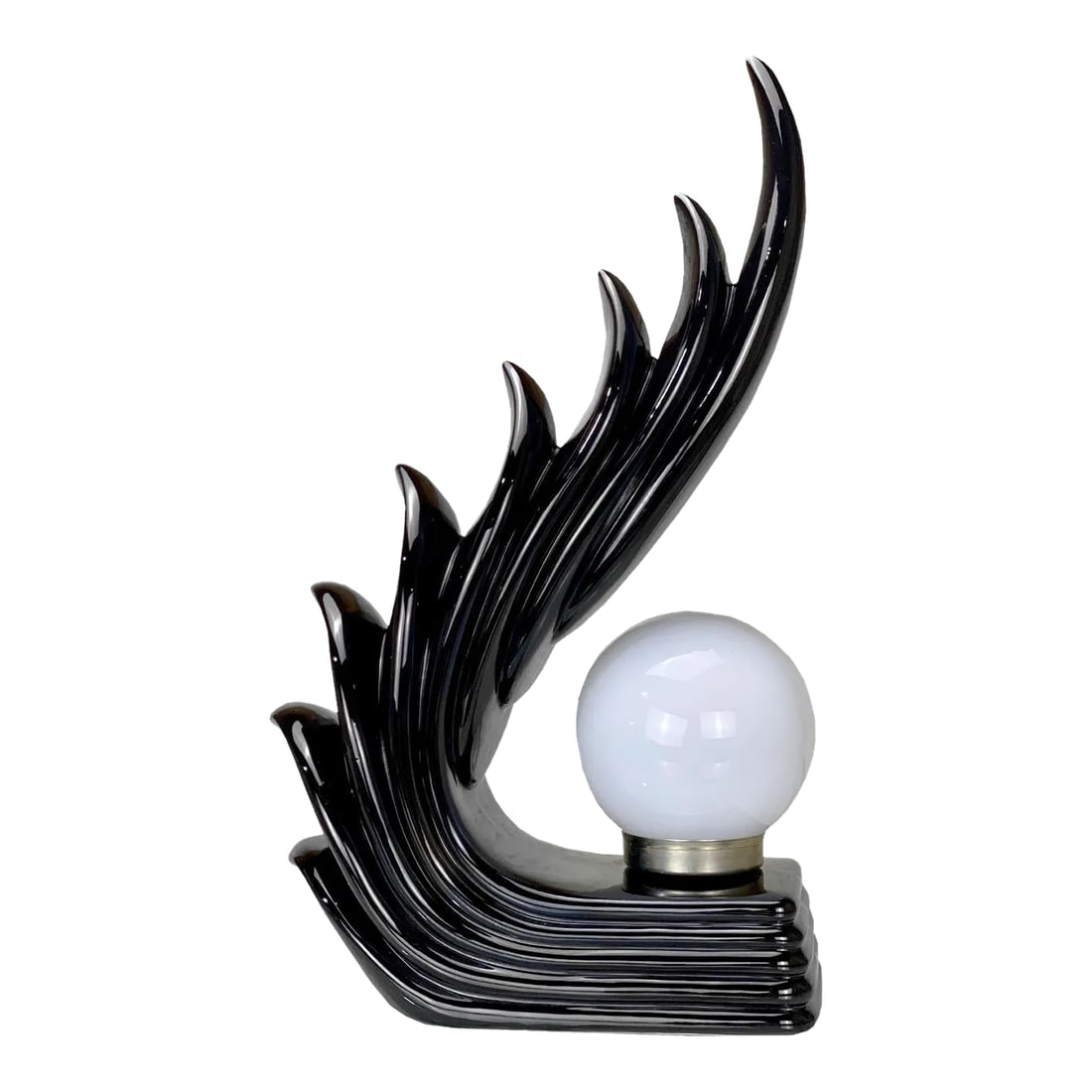 Vintage Art Deco Black Porcelain Sculpted Cascading Wing Table Lamp: Vintage Art Deco Black Porcelain Sculpted Cascading Wing Table Lamp, c.1980. - Sculpted of Black Porcelain with a Sensational Glaze Finish - Drastic Cascading "Wing" Motif - An Absolute Statement
