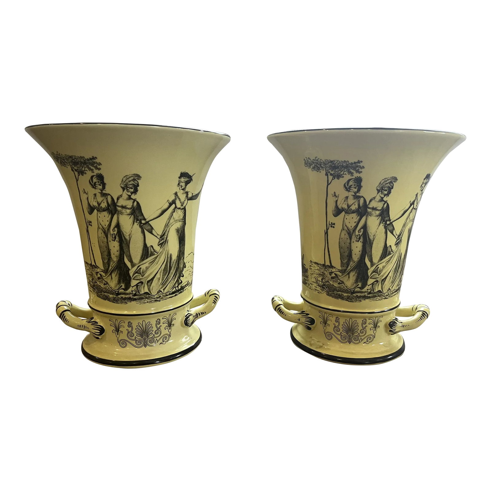 Vintage Pair of Italian Mottahedeh Yellow and Black Toile Handled Urn Vases, Planters - 1960s Italy: Rare Vintage Pair Of Italian Mottahedeh Yellow and Black Toile Handled Urn Vases, Planters - 1960s Italy Amazing Vintage Find Stunning Italian Mottahedeh Mid Century Modern Pottery/ Planters Set Of