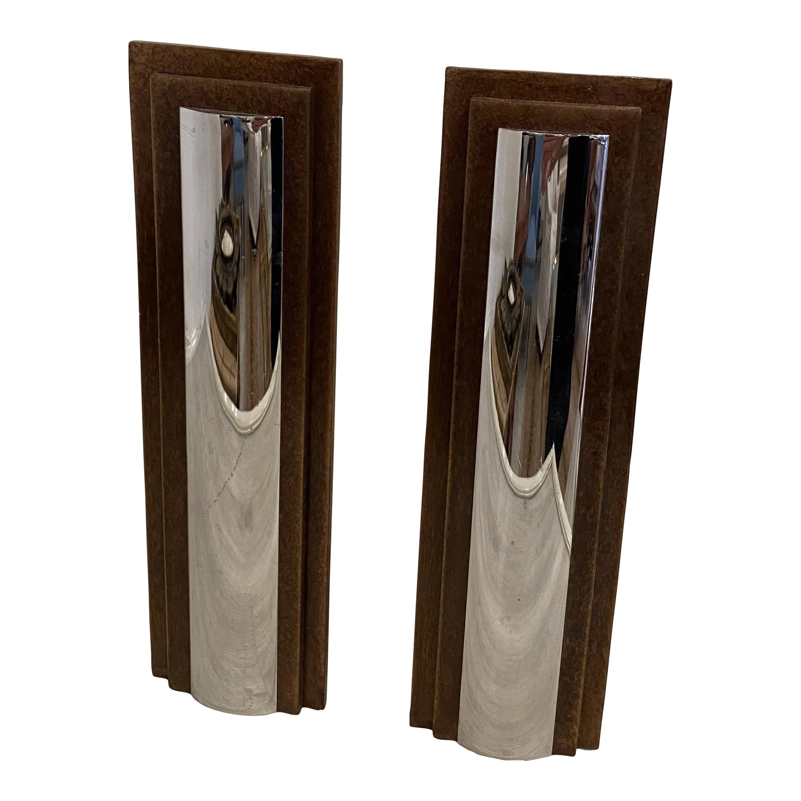 1980s Chrome Art Deco Andirons - a Pair: This is a great pair of Art Deco andirons. They are made of metal that has a chrome and lacquered chocolate mottled design. These are the perfect addition to your modern decor. Condition: