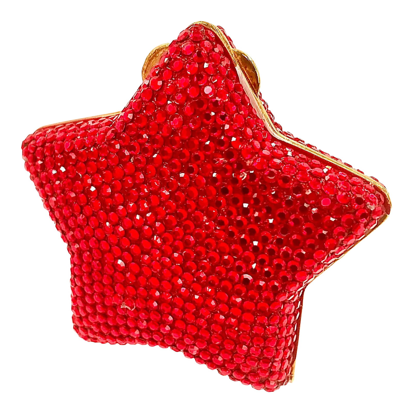 1970s Judith Leiber Red Hollywood Star Pillbox Gold Tone: This Star shaped pillbox fits perfectly within a handbag or clutch or place on a dresser, powder room. Gold-tone Judith Leiber pill box Fully covered in bright red Hand-applied Austrian crystals. Meas