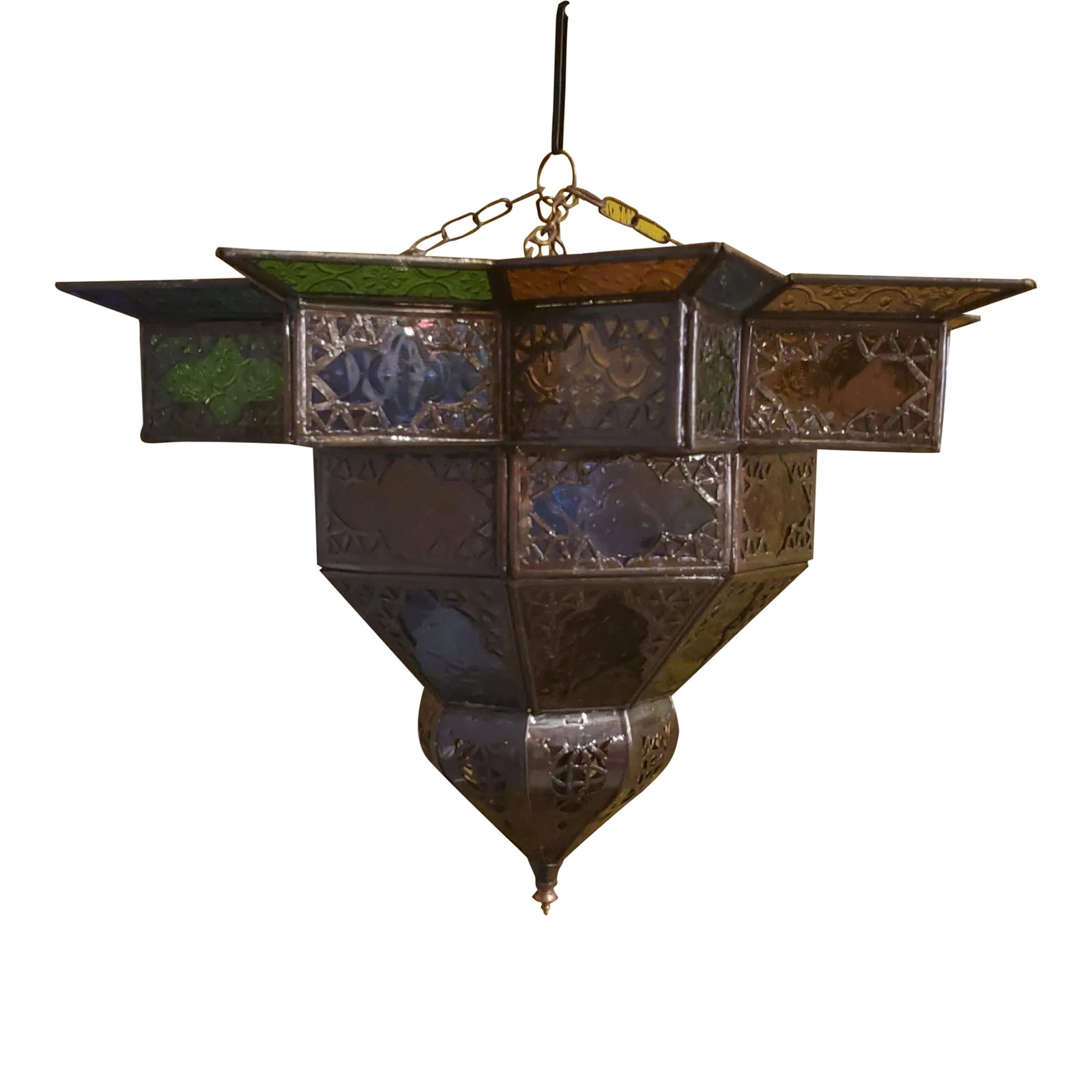 Moroccan Glass Nejma Style Multicolor Glass Lantern: Handmade Moroccan glass lantern with frosty yellow and white stain glass and metal rustic frame, measuring around 13" in height and 17" from corner to corner. Very elegant with a bottom domes. Great
