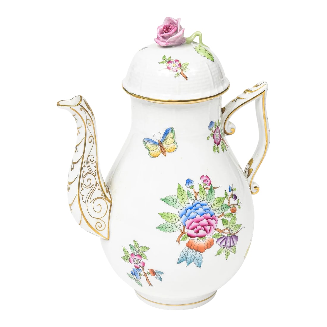 Mid 20th Century Herend Queen Victoria Older Coffee Pot: Elegant Herend China coffee pot with flower lid . This is the older pattern of Queen Victoria that does not have the green border. It has a weave rim and a gold edge. The pattern features flowers and