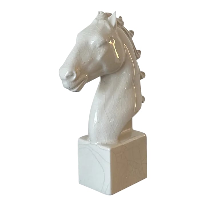 Mid-Century Art Deco Ceramic Horse Head Bust With White Craze Glaze: Mid-Century Art Deco Ceramic Horse Head Bust with White Craze Glaze Decorative object or bookend (book-end). Measures approx: 10H x 6.5L x 3D Please visit my other listings for more curated