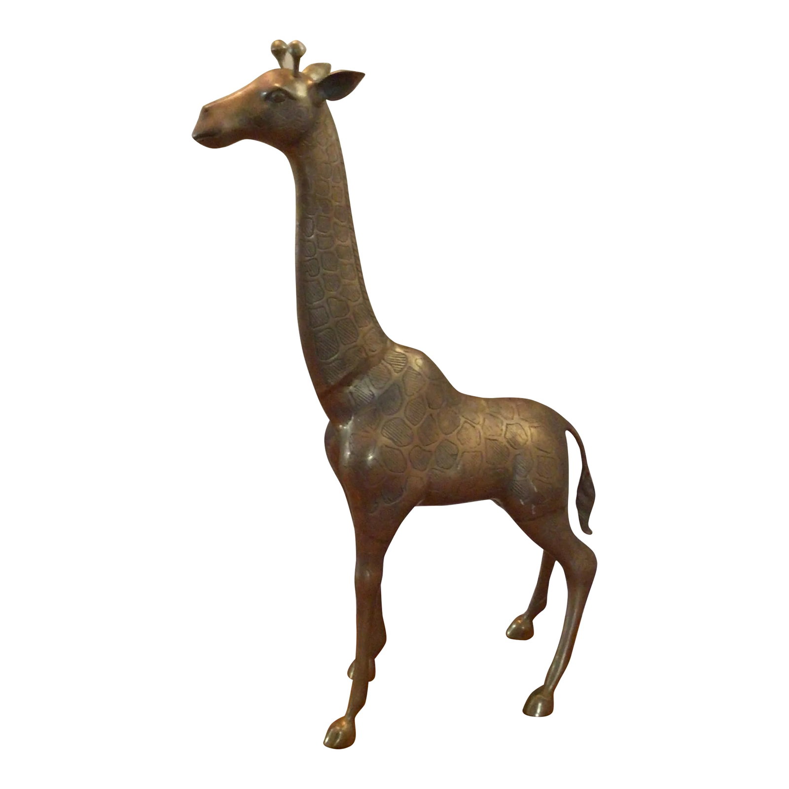70's Brass Giraffe Large 32.5": 1970's tall Vintage solid brass giraffe floor statues/Giraffe floor sculpture was part of a series of popular African animal sculptures produced in Europe throughout the 1970s. This 32 1/2 inch tall