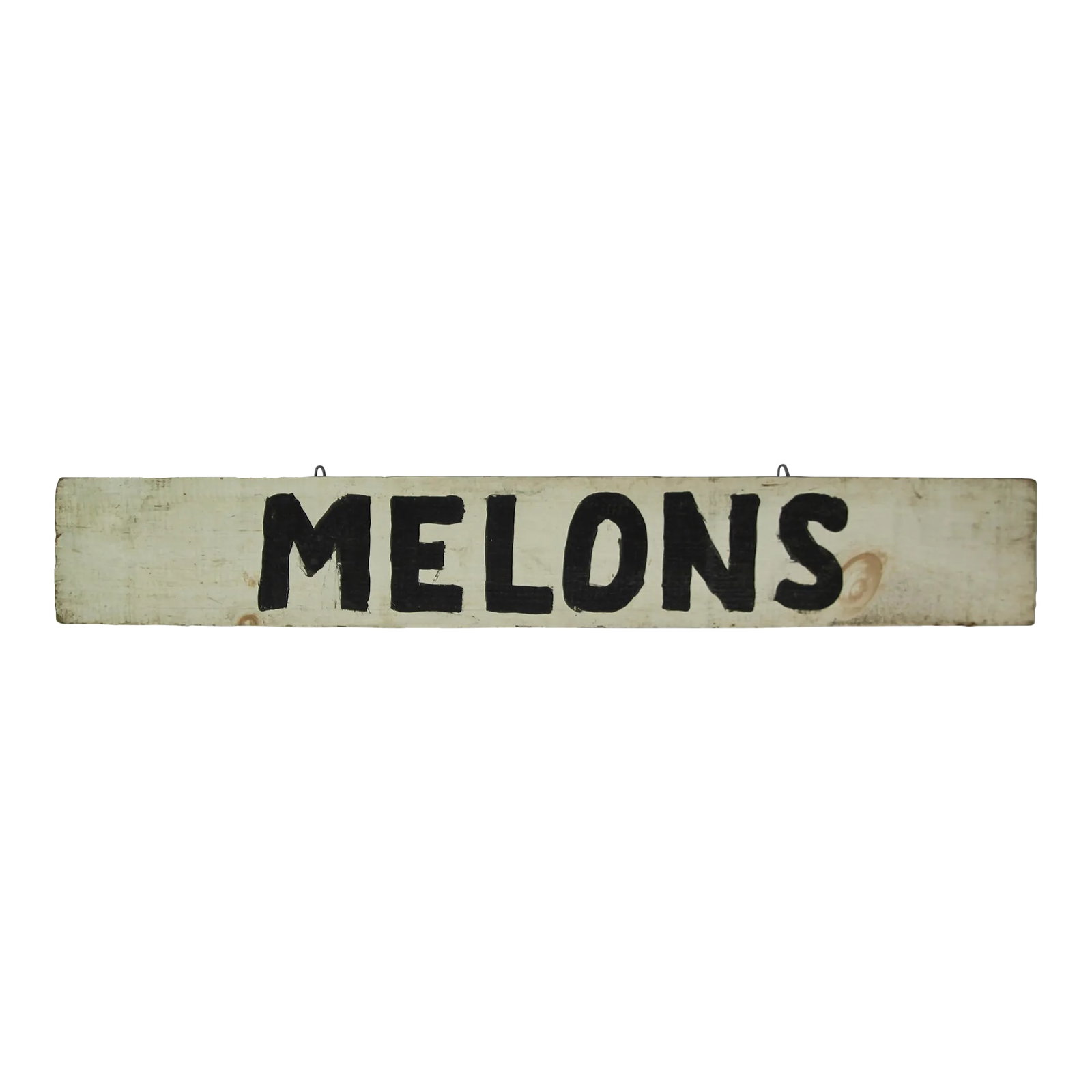 Vintage Black and White Melons Farm Stand Sign: Circa 1940s two sided hand lettered wood black and white Melons farm stand sign found in Pennsylvania. Sign has discolorations, scratches, chips. Condition: Alterations: Original Condition Unaltered