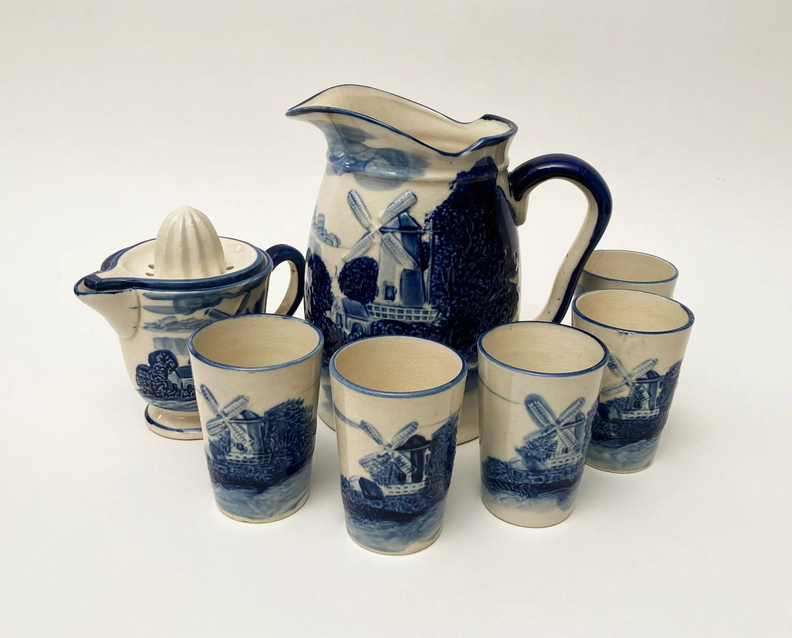 Vintage Blue White Ceramic Delft Milk/Water Pitcher, 5 Juice Cups, Juicer and Juice Pitcher Cobalt B - 12