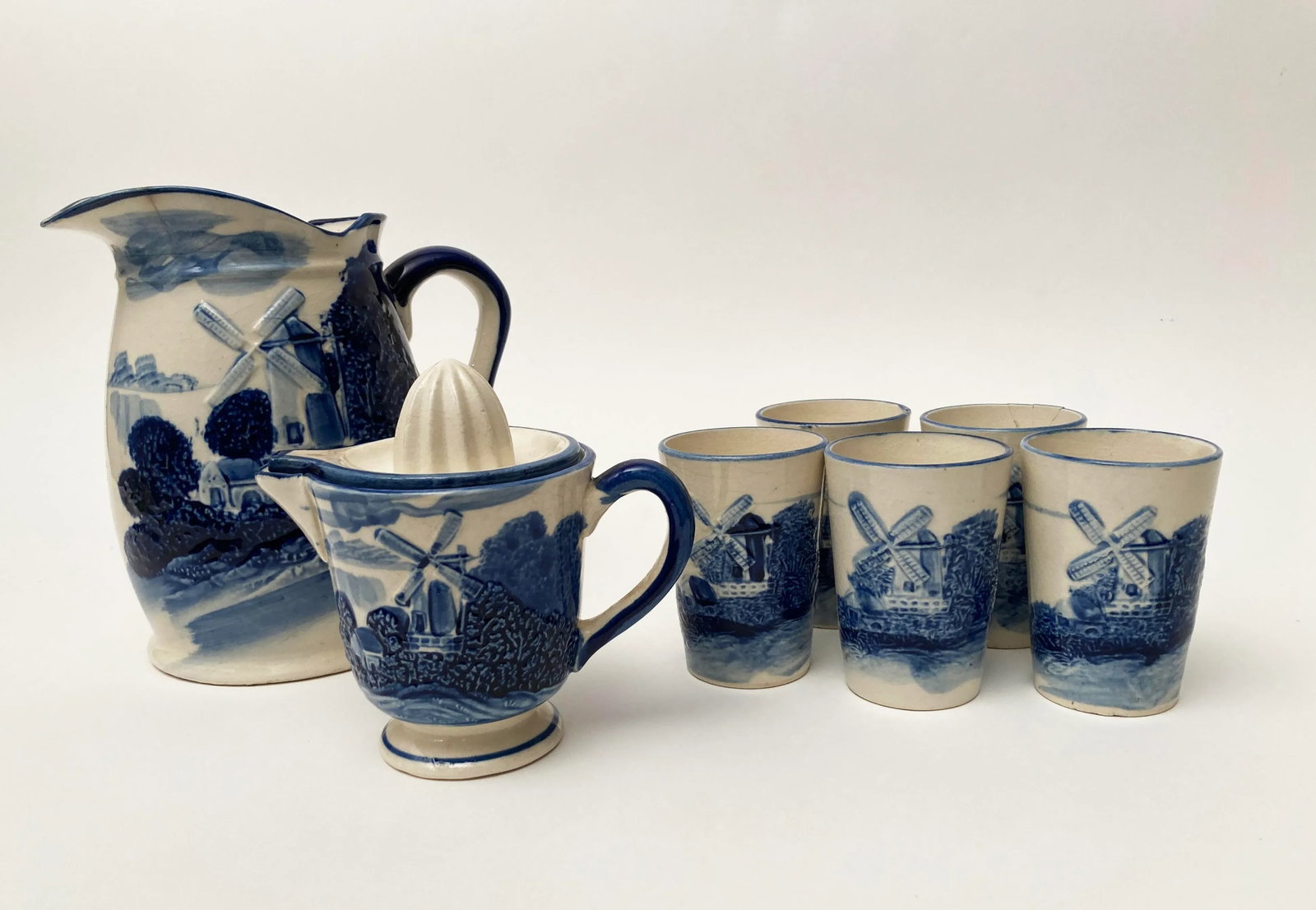 Vintage Blue White Ceramic Delft Milk/Water Pitcher, 5 Juice Cups, Juicer and Juice Pitcher Cobalt B - 2