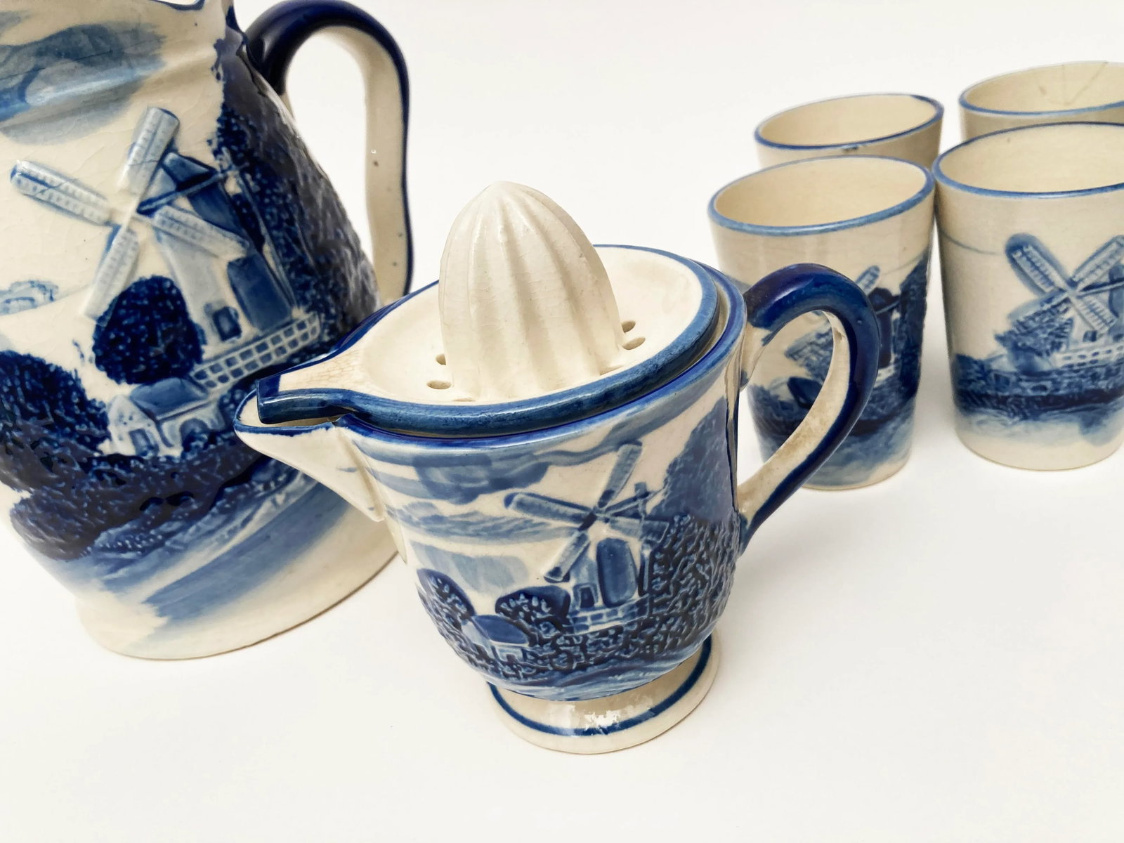 Vintage Blue White Ceramic Delft Milk/Water Pitcher, 5 Juice Cups, Juicer and Juice Pitcher Cobalt B - 3