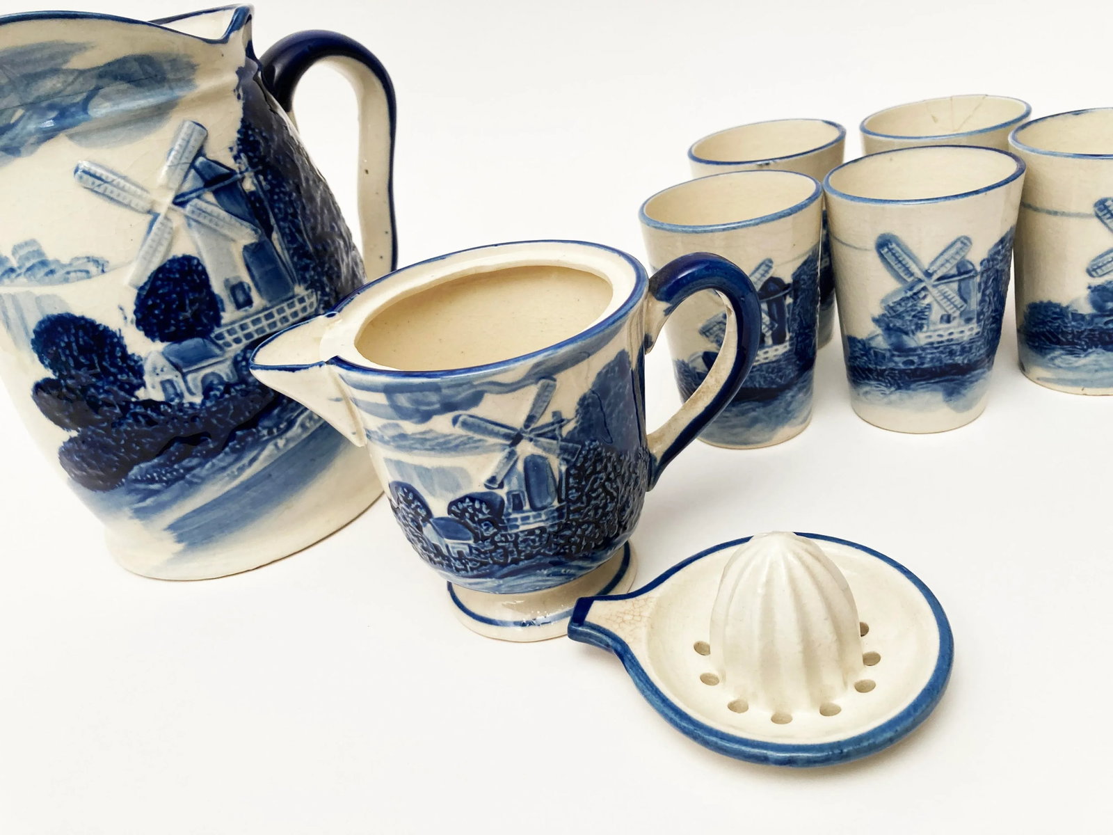 Vintage Blue White Ceramic Delft Milk/Water Pitcher, 5 Juice Cups, Juicer and Juice Pitcher Cobalt B - 5
