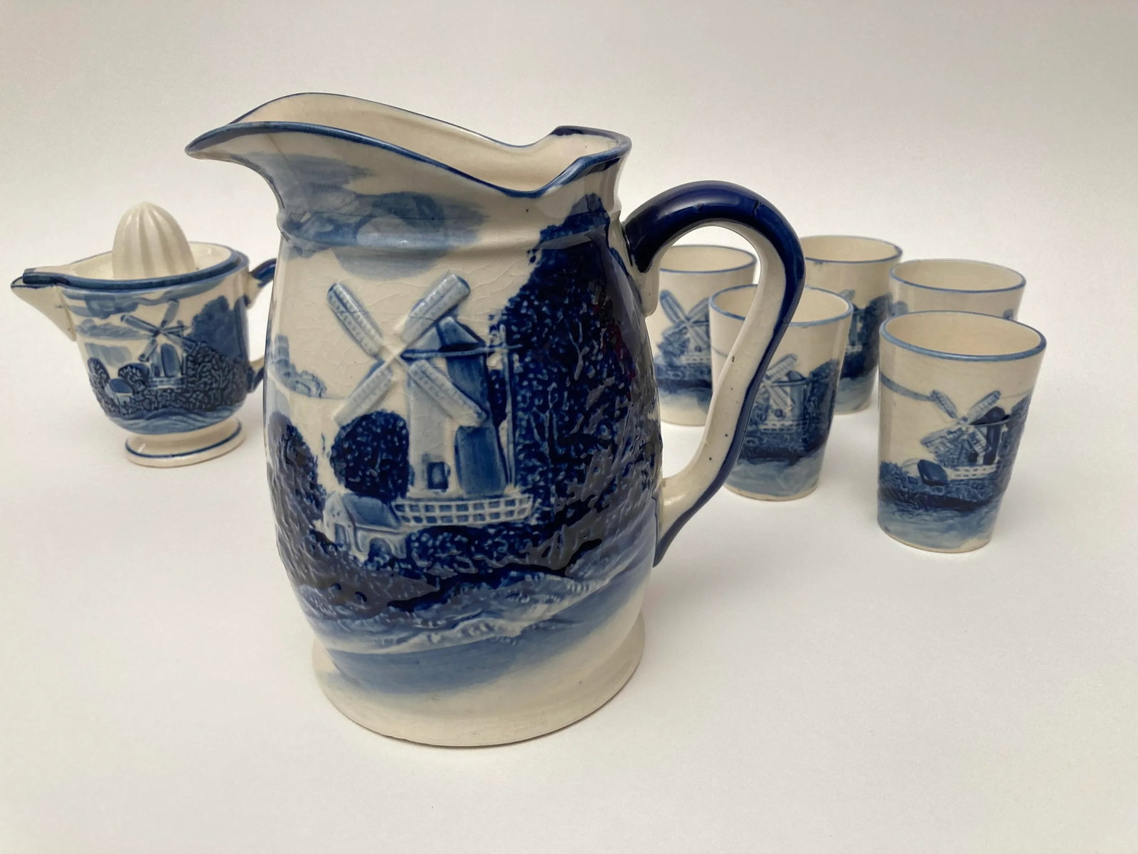 Vintage Blue White Ceramic Delft Milk/Water Pitcher, 5 Juice Cups, Juicer and Juice Pitcher Cobalt B - 9