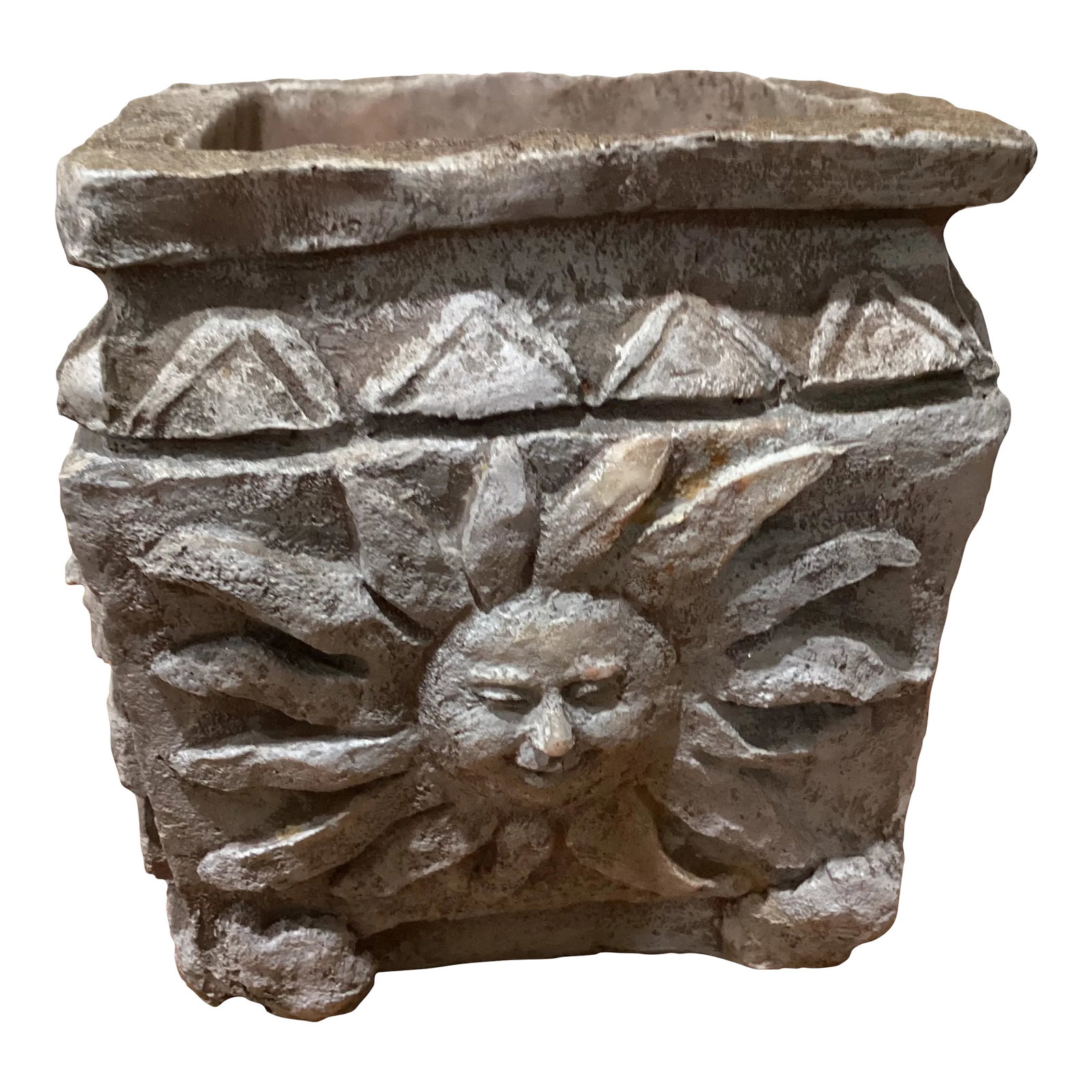 Antique Neoclassical Stone Garden Planter With Sun Face on All Four Sides: Delighful Antique Neoclassical Stone Garden Pot/ Planter With Sun Face on All Four Side Wonderful vintage cast stone planter in the Neoclassical style having 4 sun images with different face expressio