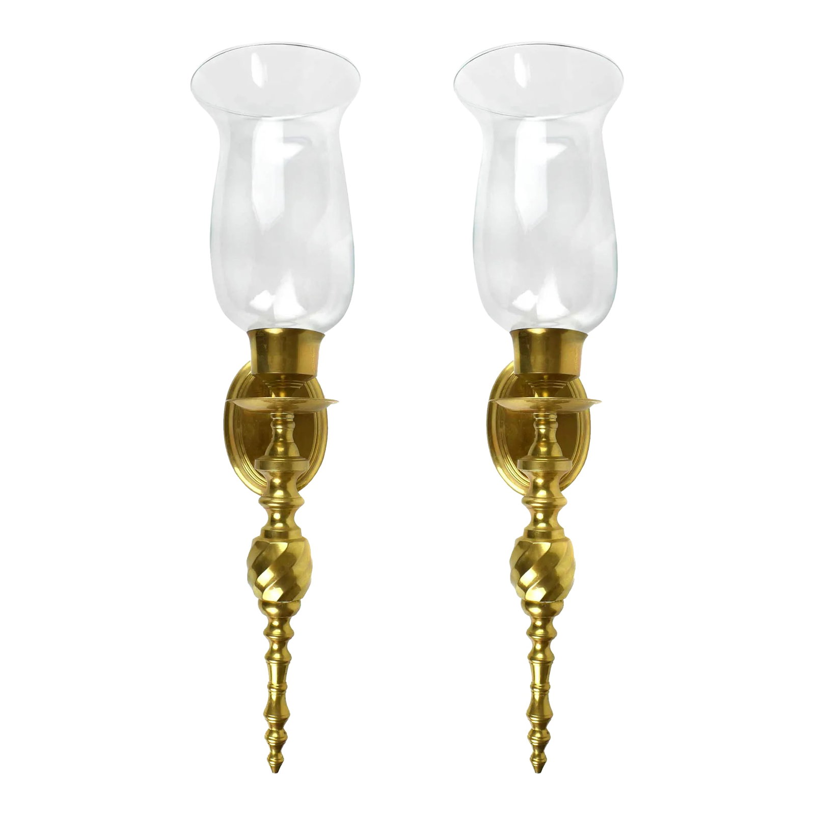 Mid 20th Century Solid Gold Brass Wall Sconces Candle Holders With Glass Hurricane Shade - a Pair: Mid 20th century solid gold brass swirl design candle sconces with hurricane glass shade set. These wall sconces adds elegant character as it brightens to your space. They are perfect for any home