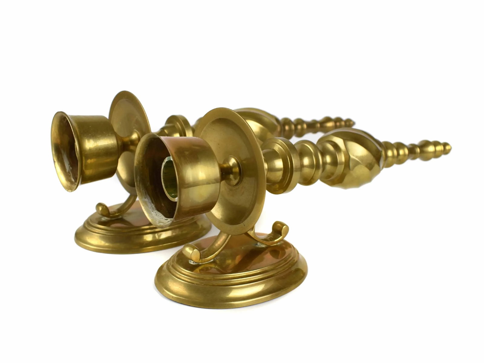 Mid 20th Century Solid Gold Brass Wall Sconces Candle Holders With Glass Hurricane Shade - a Pair - 4