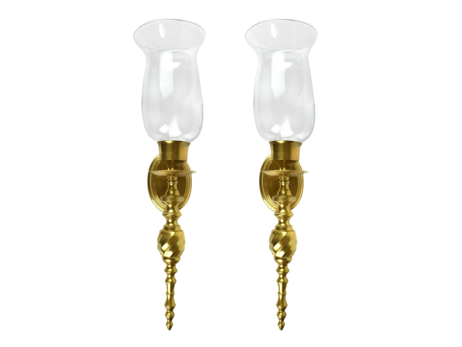 Mid 20th Century Solid Gold Brass Wall Sconces Candle Holders With Glass Hurricane Shade - a Pair - 7