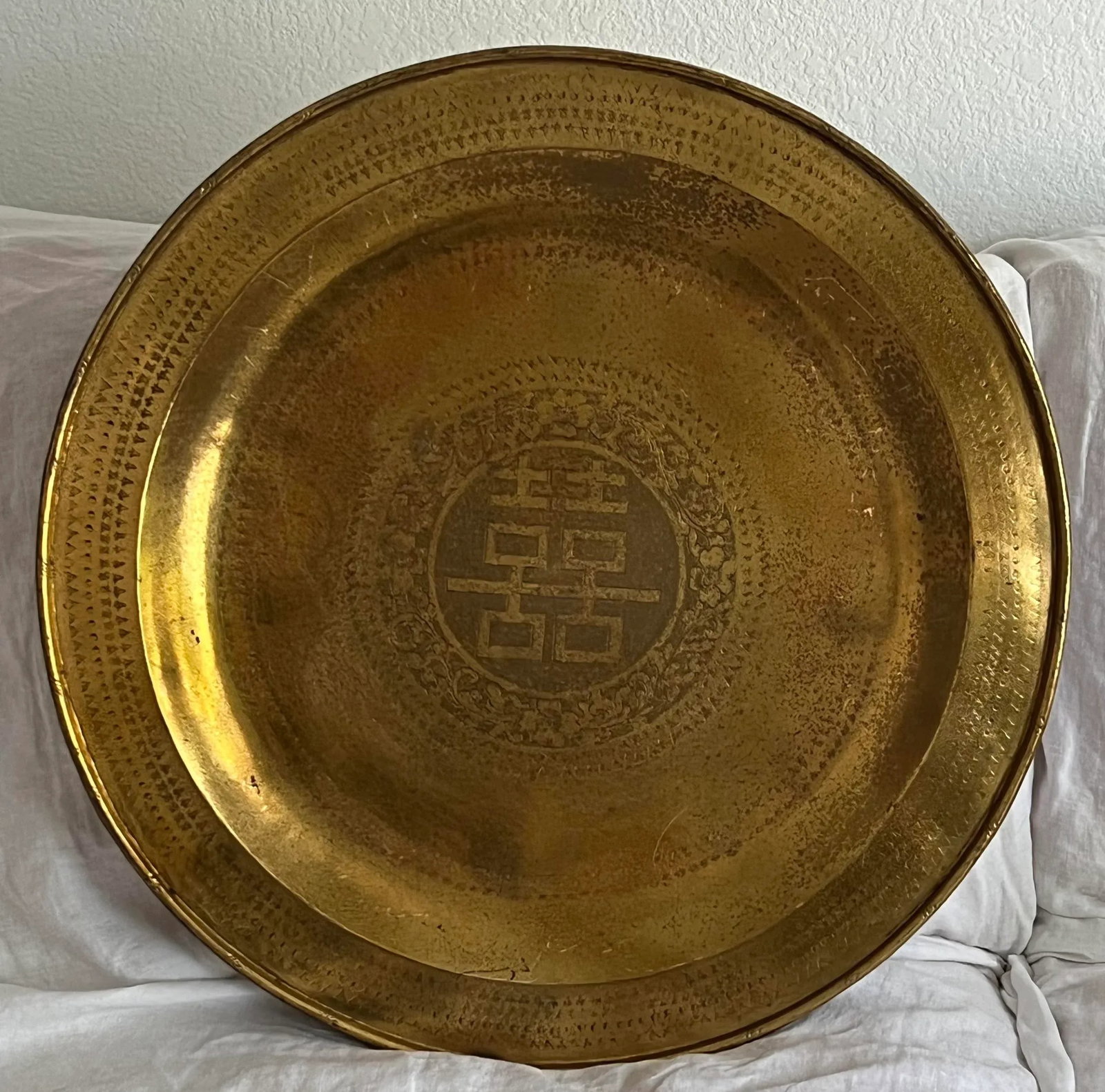 Vintage Large Brass Double Happiness Tray - 2