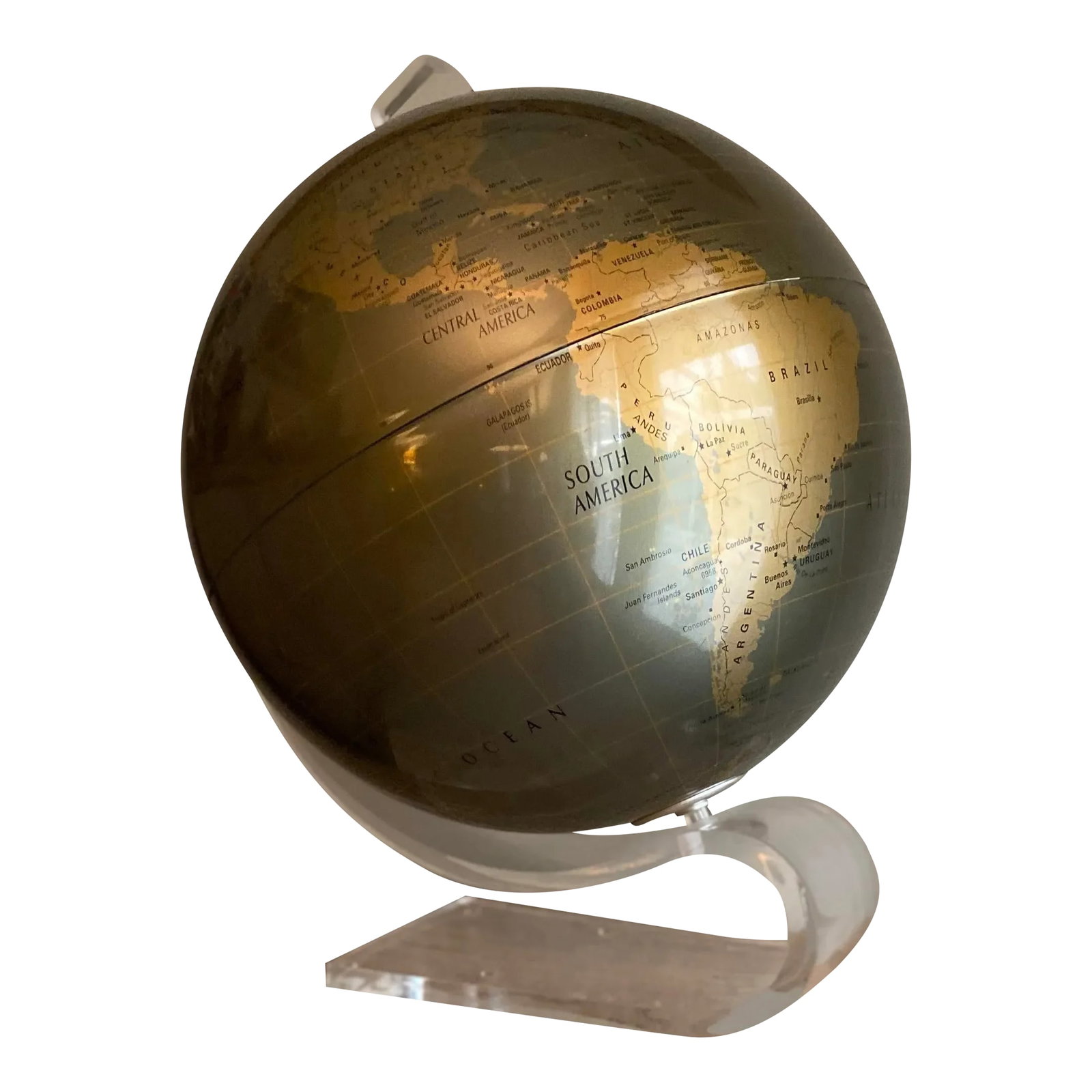 Replogle Diamond Marquise 12" Diameter World Globe on Lucite Stand: Diamond Marquise 12" diameter world globe on stylized lucite stand, A beautiful accent piece. Condition: Alterations: Original Condition Unaltered Imperfections: Some Imperfections Condition Notes:
