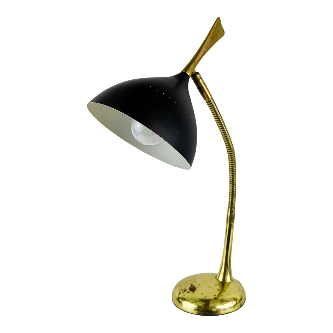 1960s Gerald Thurston Gooseneck Task Lamp: Designed in the 1960s by Gerald Thurston and produced by Lightolier, this gooseneck brass plated task lamp features a black metal shade with small perforation around the diameter. The gooseneck and