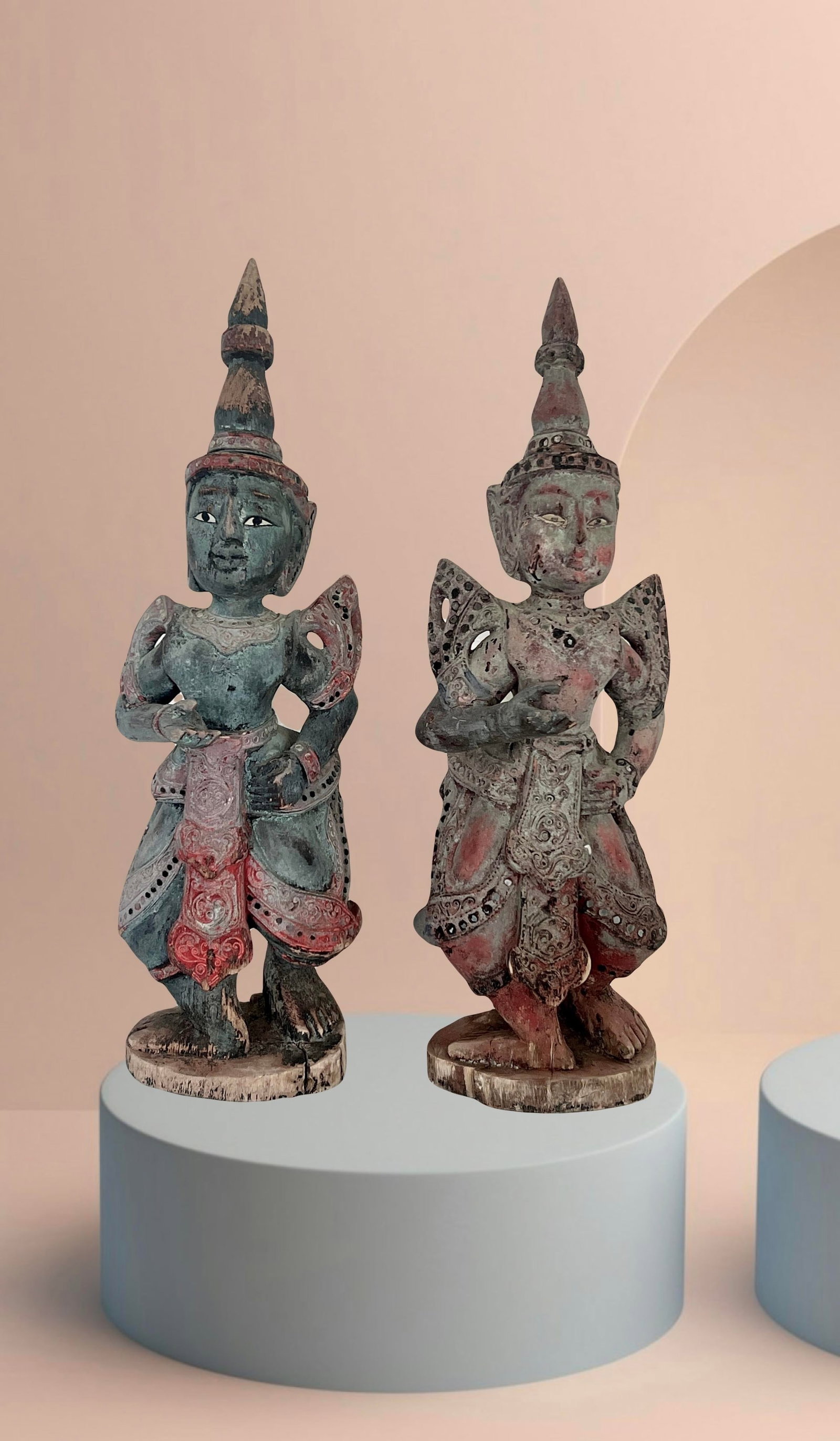 Antique Teppanom / Guardian Thai Angels, Carved Wood Statues or Figures - A Pair 18" - 10