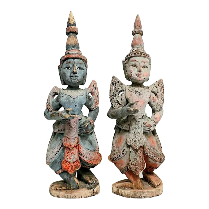 Antique Teppanom / Guardian Thai Angels, Carved Wood Statues or Figures - A Pair 18" (1 of 11)