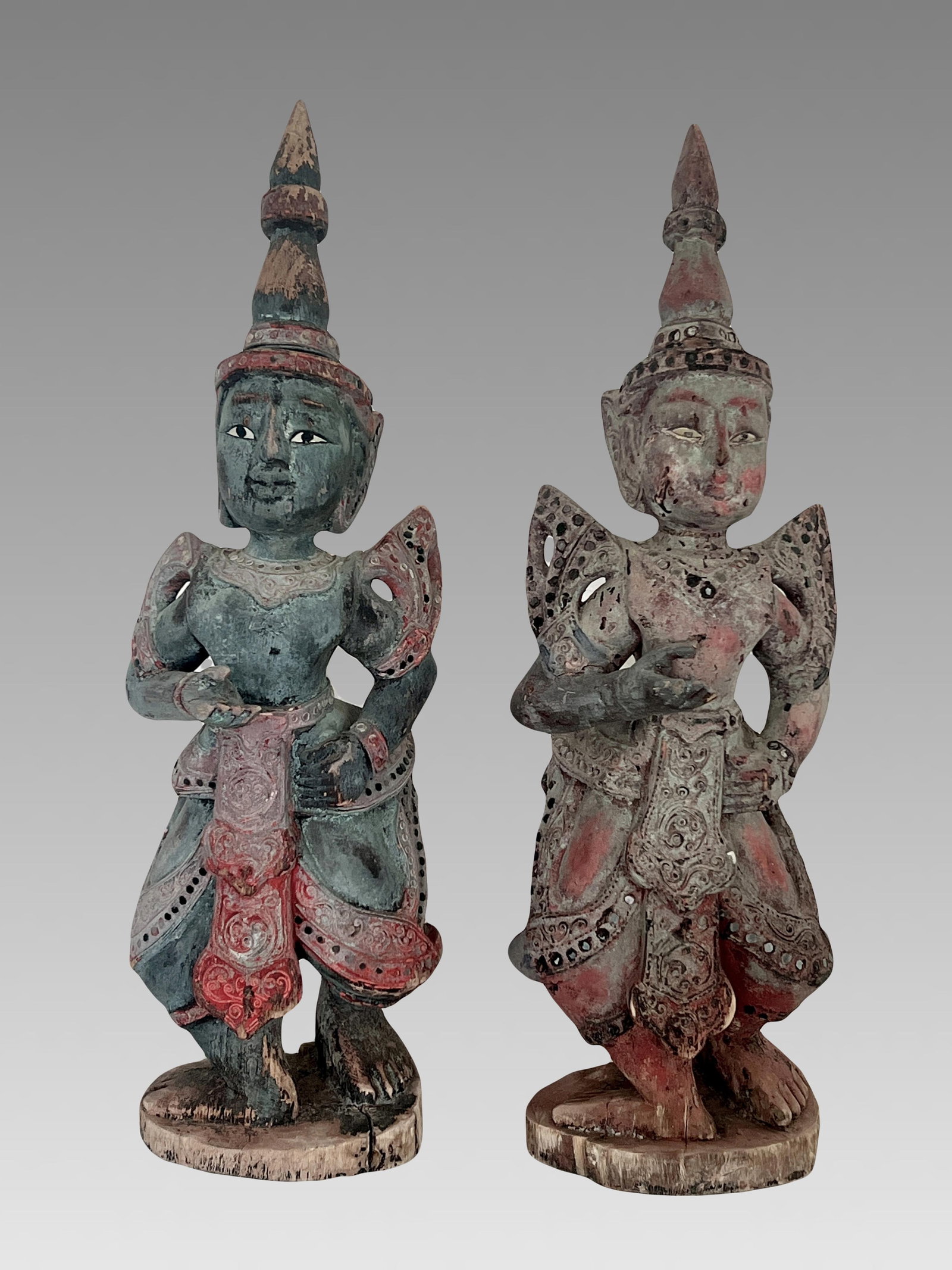 Antique Teppanom / Guardian Thai Angels, Carved Wood Statues or Figures - A Pair 18" - 2