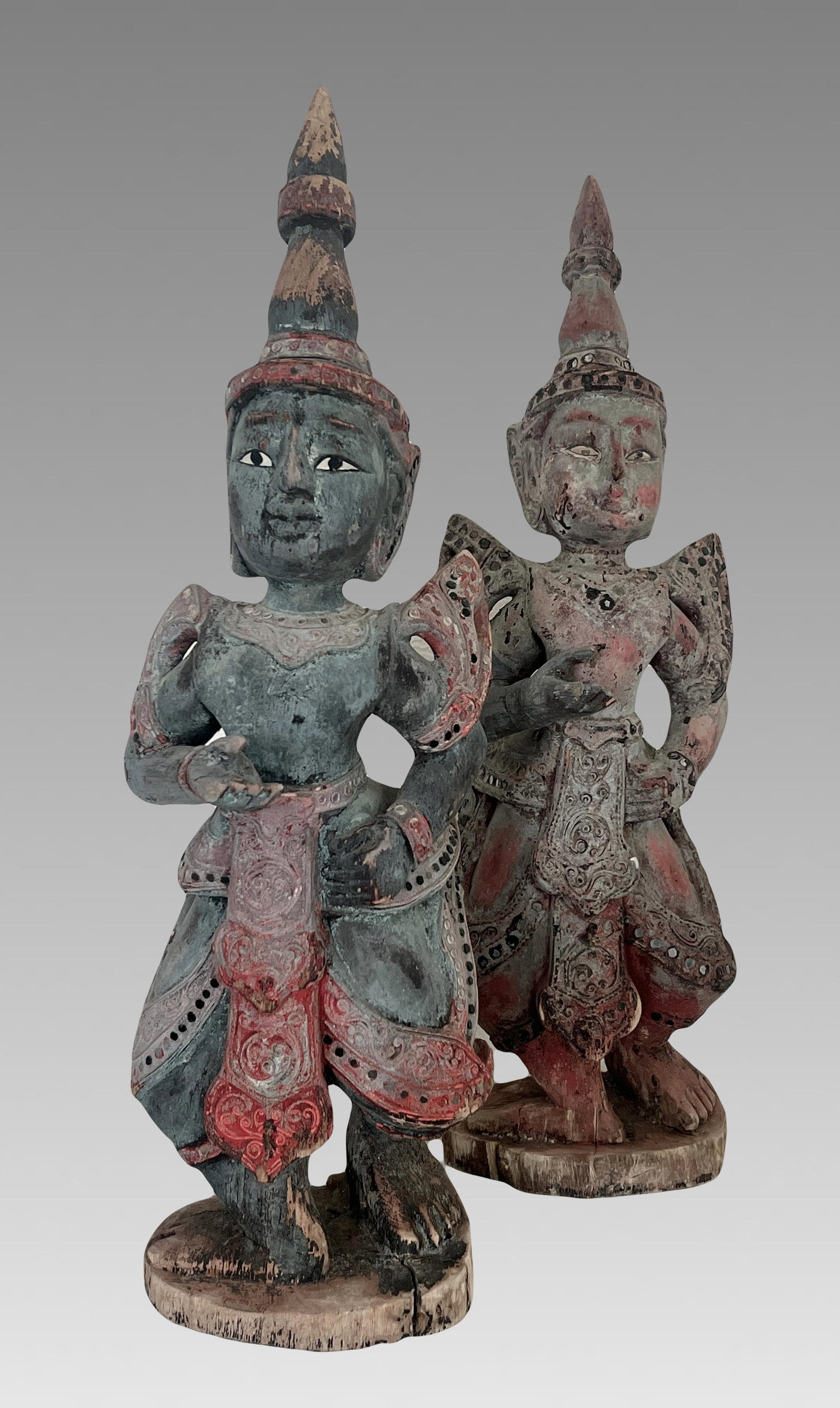 Antique Teppanom / Guardian Thai Angels, Carved Wood Statues or Figures - A Pair 18" - 3