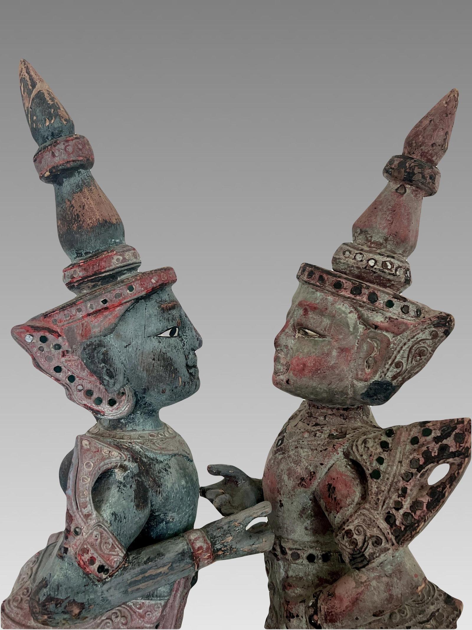 Antique Teppanom / Guardian Thai Angels, Carved Wood Statues or Figures - A Pair 18" - 4