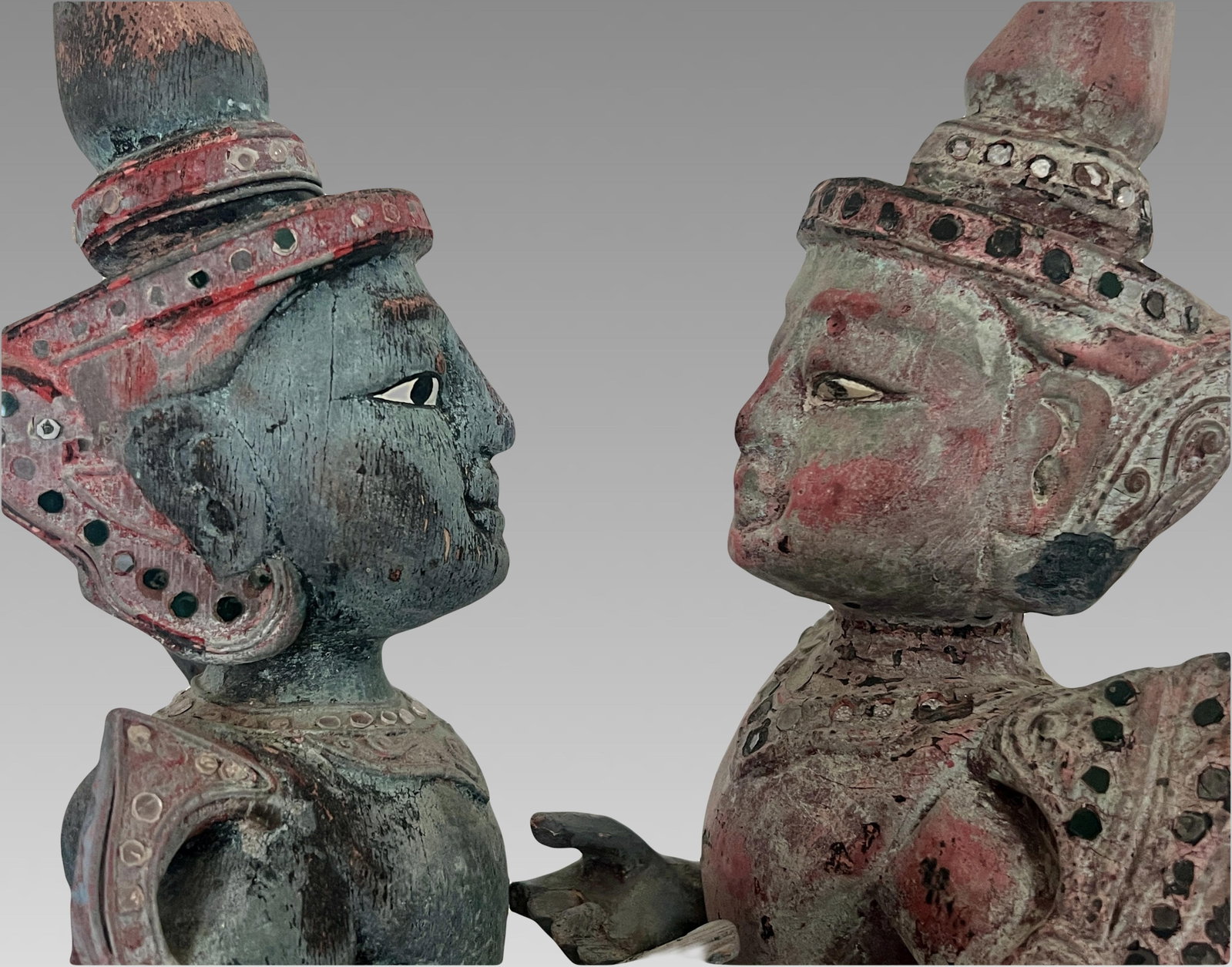 Antique Teppanom / Guardian Thai Angels, Carved Wood Statues or Figures - A Pair 18" - 5