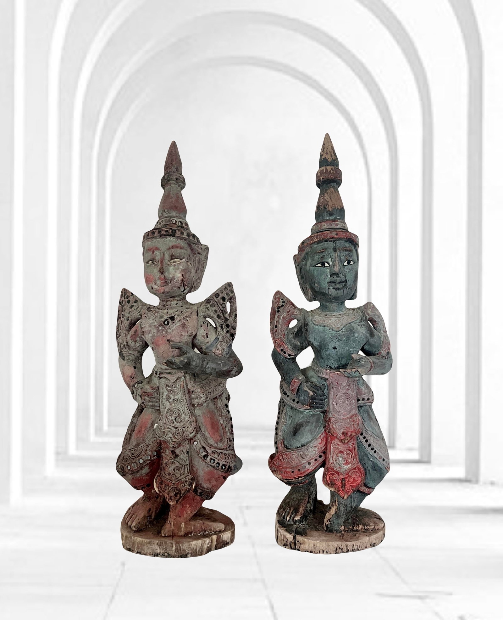 Antique Teppanom / Guardian Thai Angels, Carved Wood Statues or Figures - A Pair 18" - 6
