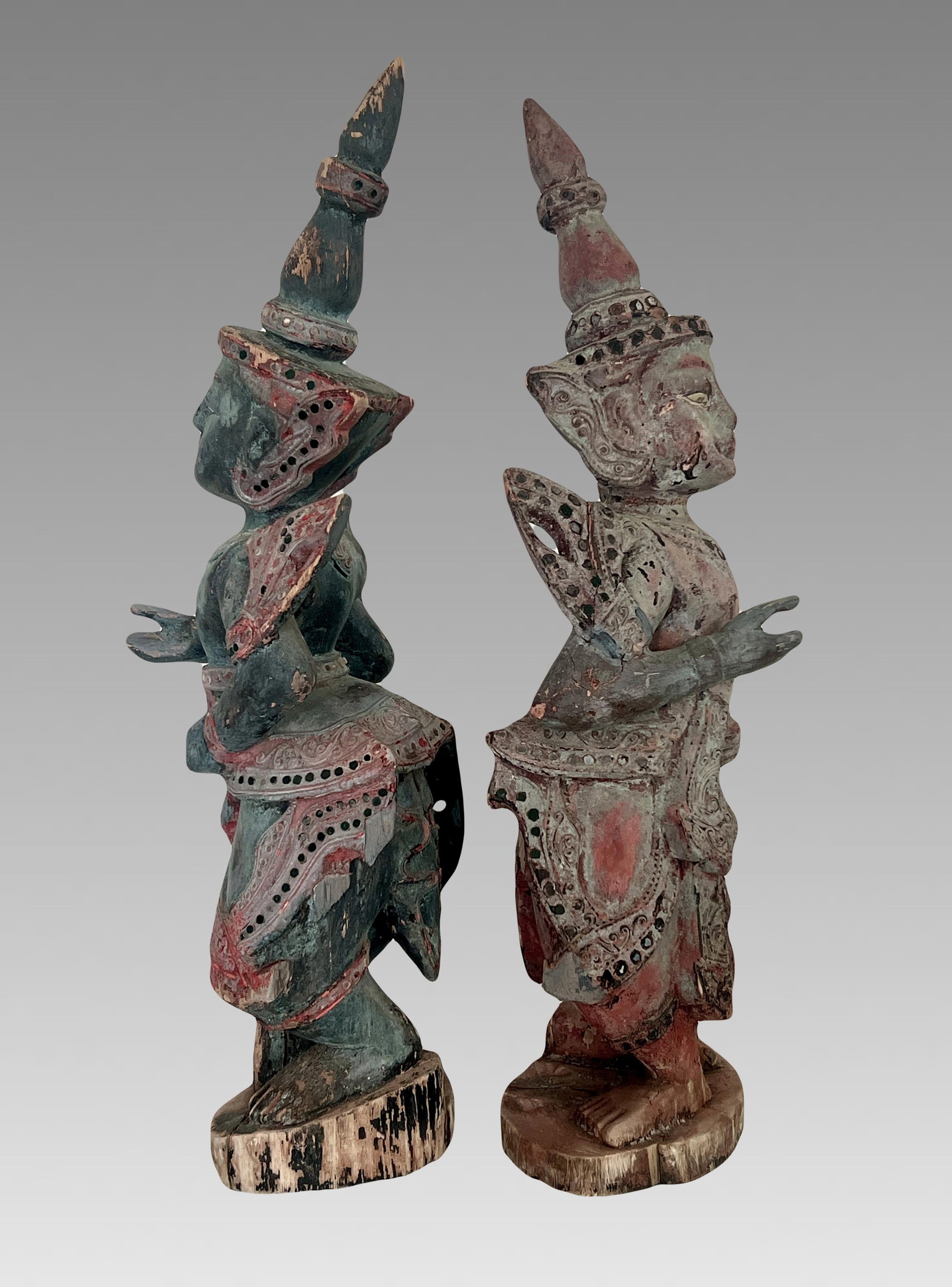 Antique Teppanom / Guardian Thai Angels, Carved Wood Statues or Figures - A Pair 18" - 7