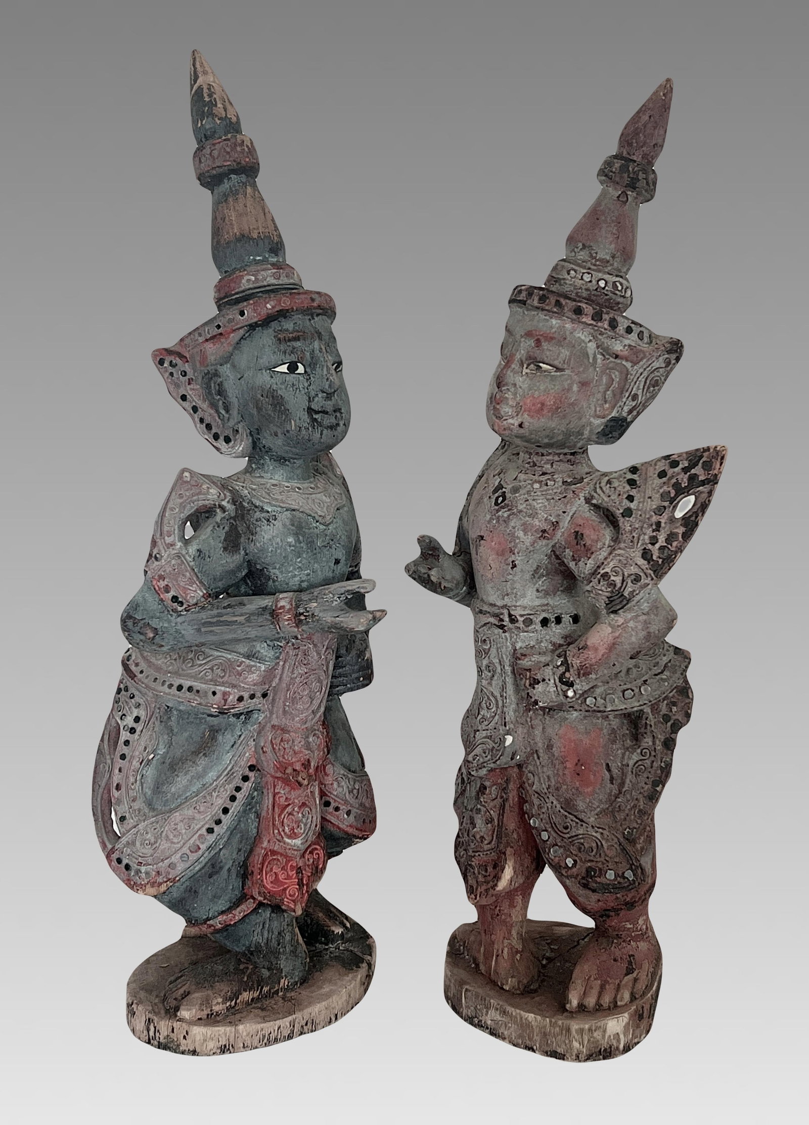 Antique Teppanom / Guardian Thai Angels, Carved Wood Statues or Figures - A Pair 18" - 8