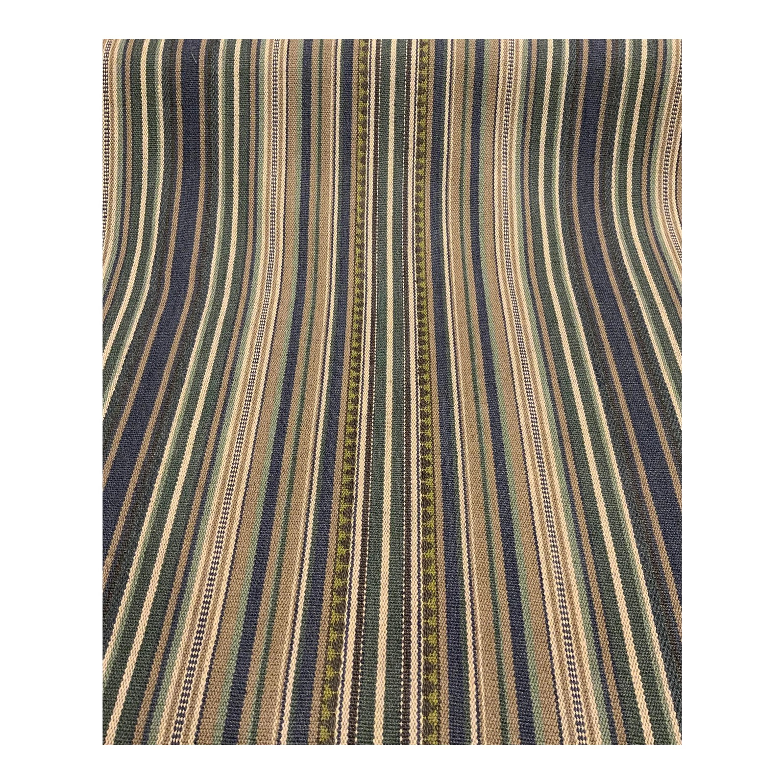 Lee Jofa for Kravet Tapton Stripe Indigo Fd735.r46 Designer Fabric - 13 Yards: This woven striped fabric has a course hand. The color way is blue, green, taupe, and cream. It is suitable for drapes, upholstery, and pillows. This fabric is a first quality designer good and