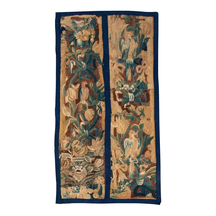 French 18th Century Tapestry Fragment: This vibrant botanical theme tapestry fragment comes from 18th century France, at the peak of the Verdure tradition. Two narrow panels were hand-stitched together as one hanging, with brilliant blue