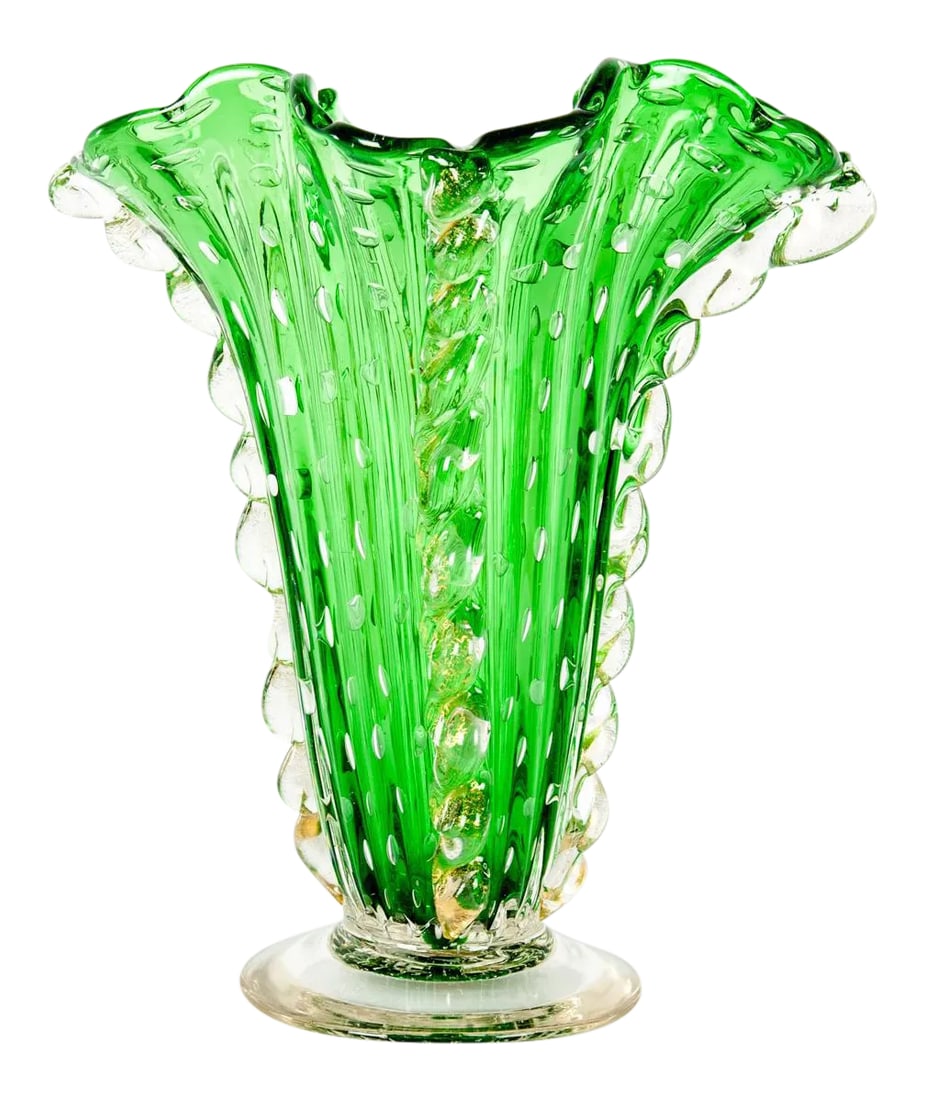 Vintage Murano Glass Vase: Offering a vintage Murano glass decorative vase fused in handblown glass. It is in a nice green color with Polvero D'oro 24-karat gold flecks. Excellent condition. The art piece vase measures 11 inche