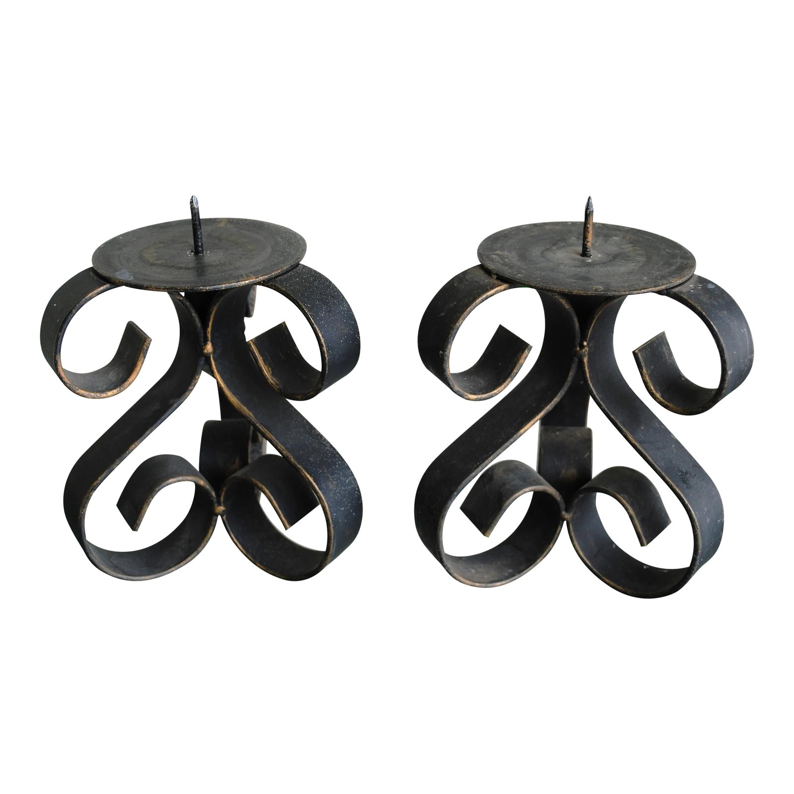 Vintage Wrought Iron Scroll Candle Holders - a Pair: Vintage pair of wrought iron scroll candle holders. This pair is very versatile, can handle most shaped candles from pillers to tapers. They have original paper tags that read "Originals by DeLuna" Co