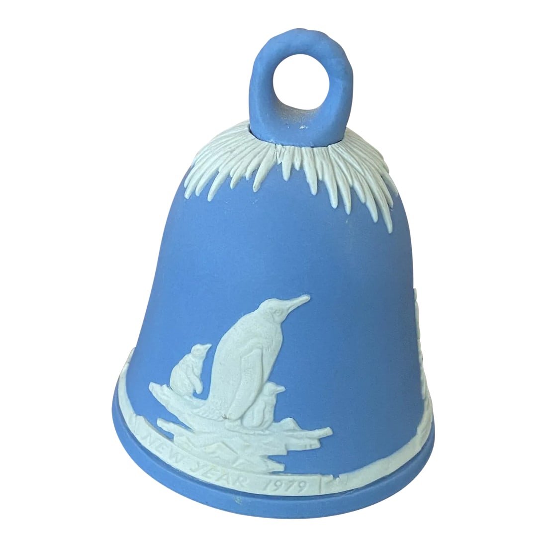Vintage Wedgwood Blue Bell WithPenguins - New Year 1979: Beautiful vintage Wedgwood blue and cream bell. "New Year 1979" and penguins on bell. 2.5"D x 3.25"H Condition: Alterations: Original Condition Unaltered Imperfections: Some Imperfections Condition