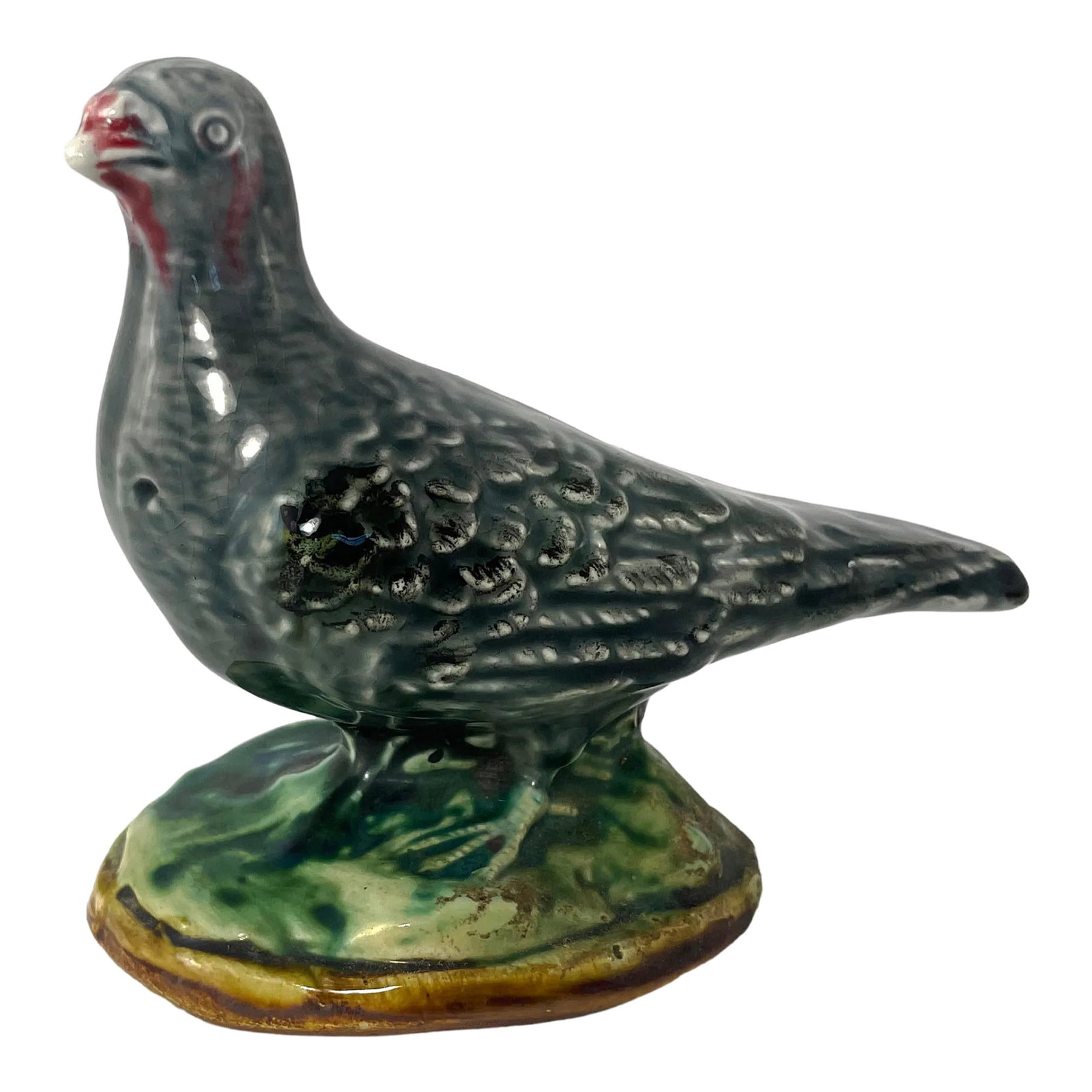 French Antique Majolica Pigeon Money Bank by Onnaing: Slurry model N deg 460 Pigeon money bank by the famous earthenware factory of Onnaing. Sourced on a trip to Provence. Condition: Alterations: Original Condition Unaltered Imperfections: Some
