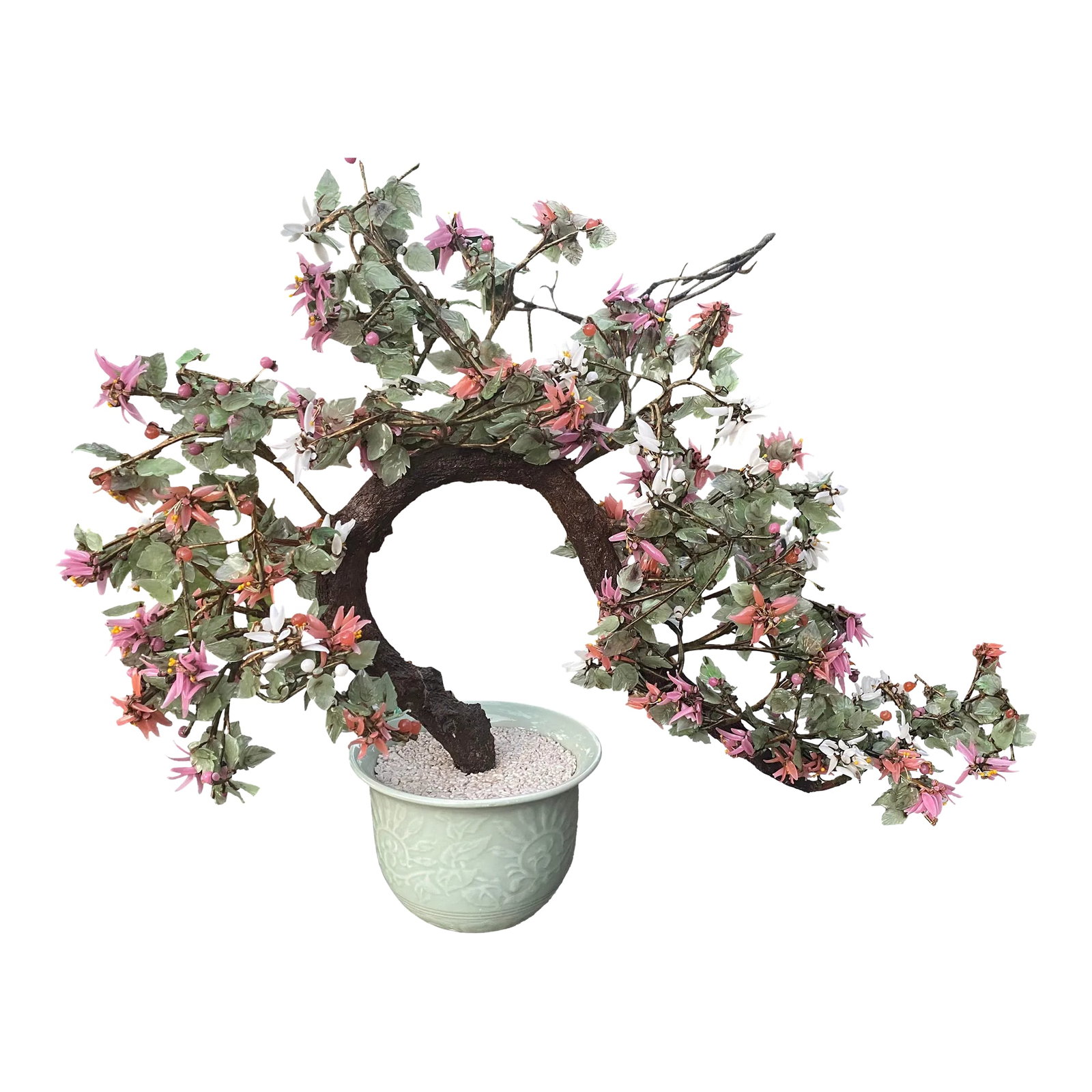Vintage 1950s Jade Bonsai Tree: Vintage hand crafted Bonsai tree. Hundreds of tine jade agate leaves, with white, pink and coral floral leaves of glass are wired to to create a beautiful foliage. Trunk is hard cement type resin