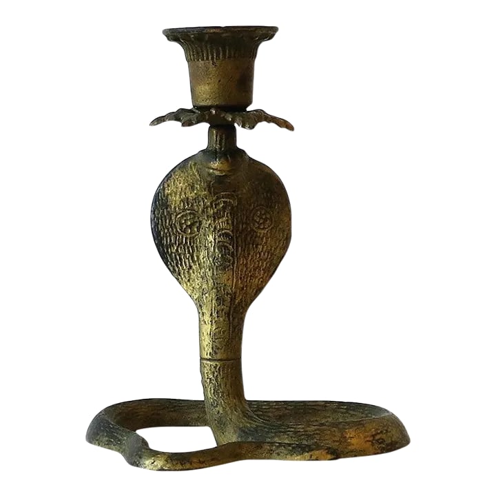 Cobra Snake Candlestick Holder, Circa Early 20th Century: A substantial metal cobra snake candlestick holder with gold gilt skin, circa early-20th century. Also great as a standalone decorative object. Dimensions: 5.5" W x 6.63" Height. Condition: