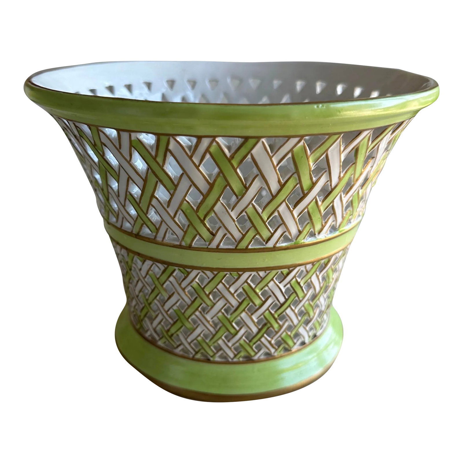 Italian Green and White Palm Beach Style Ceramic Cache Pot Planter