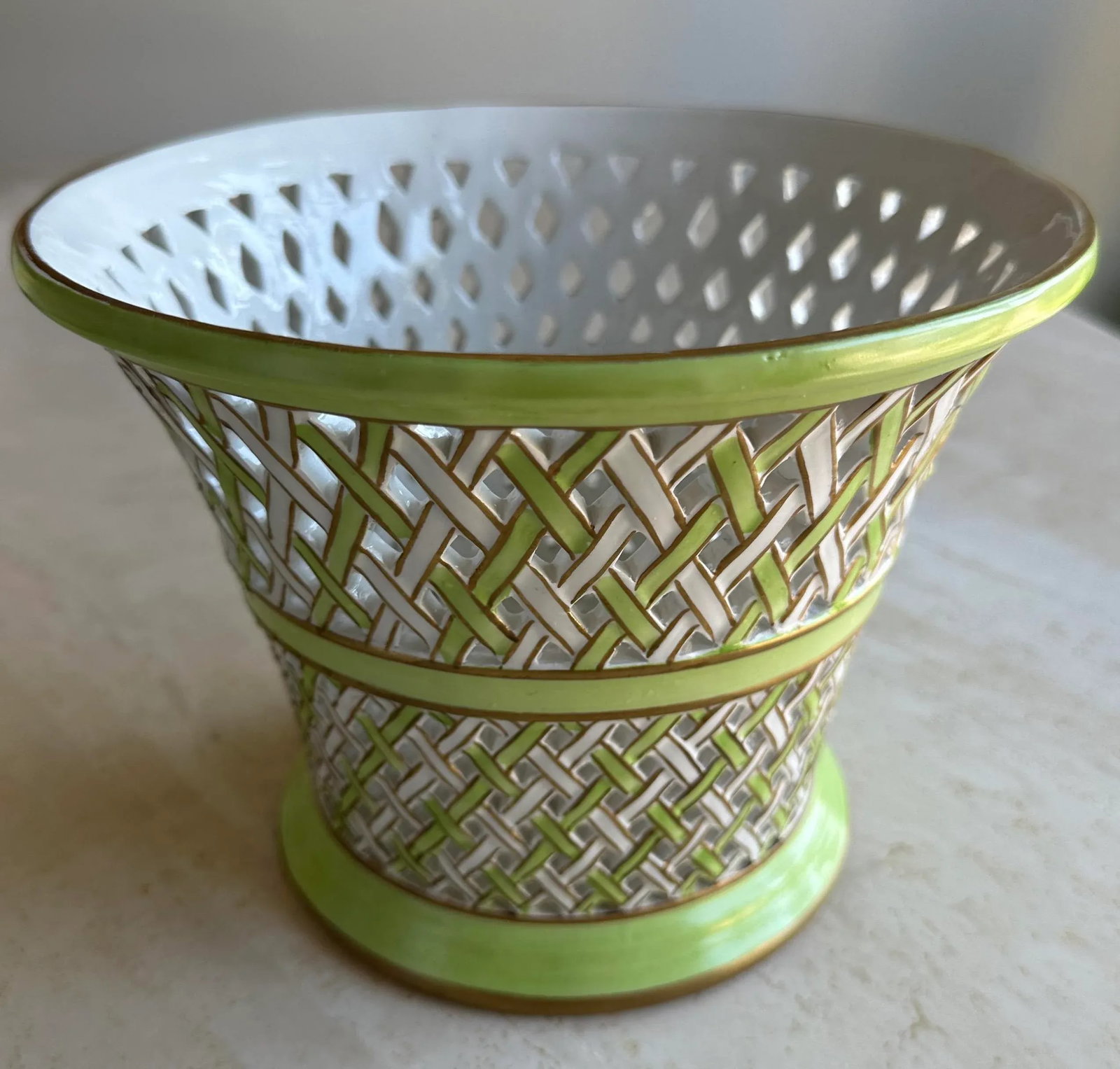 Italian Green and White Palm Beach Style Ceramic Cache Pot Planter - 2