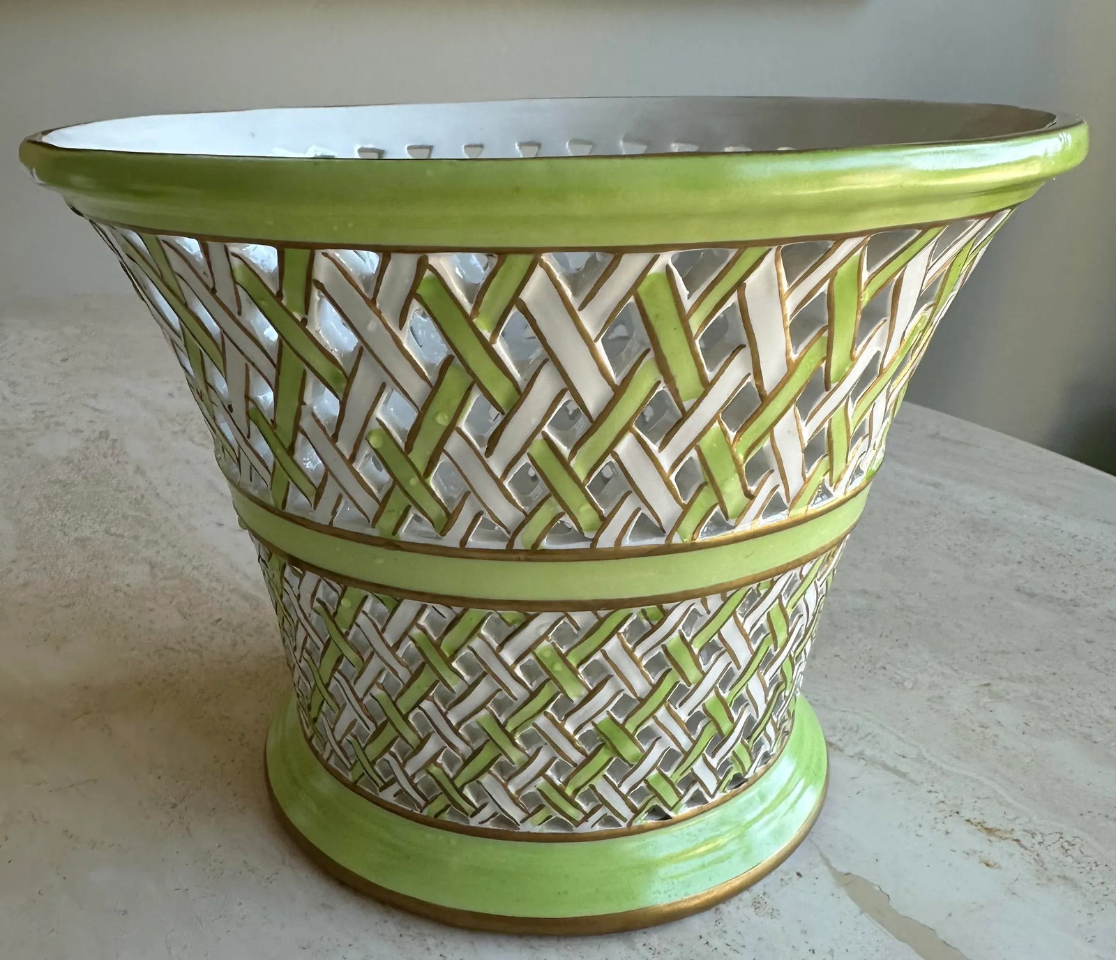 Italian Green and White Palm Beach Style Ceramic Cache Pot Planter - 4