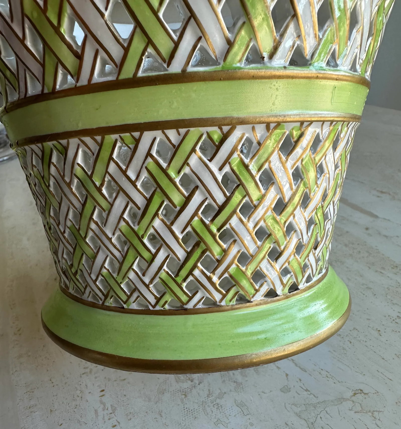Italian Green and White Palm Beach Style Ceramic Cache Pot Planter - 5