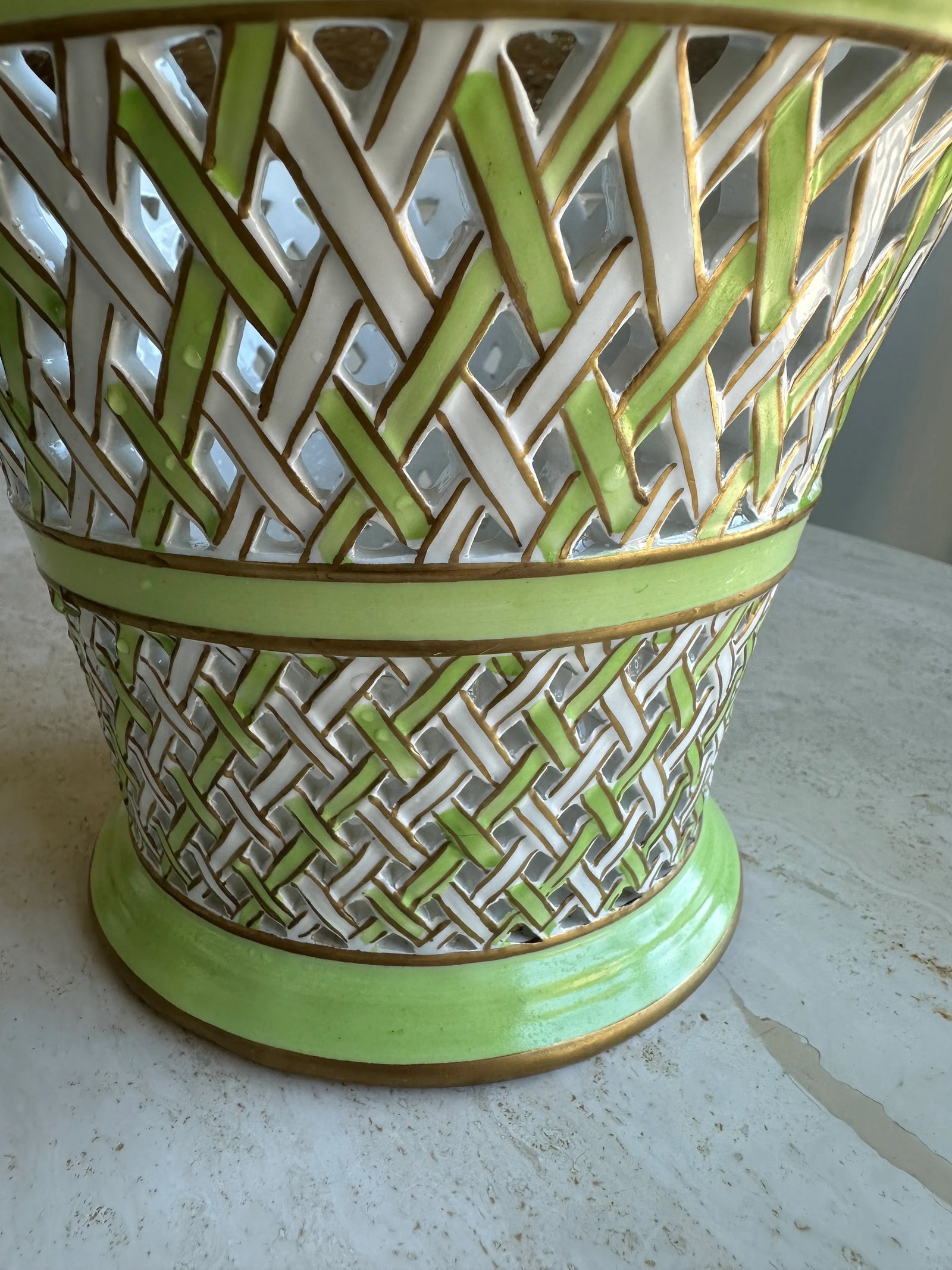 Italian Green and White Palm Beach Style Ceramic Cache Pot Planter - 6