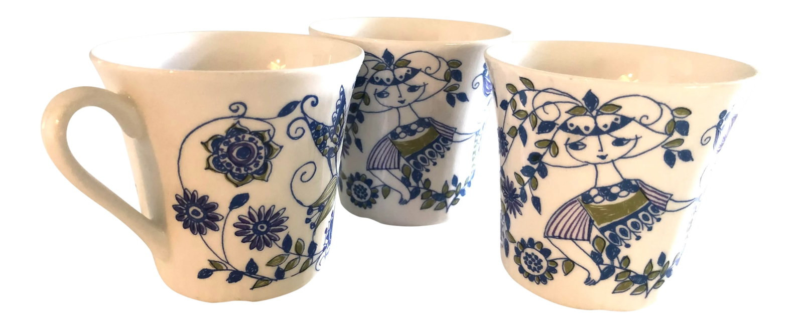 Mid-Century Figgjo Norway Lotte Teacups Cups by Turi Gramstad Oliver--Set of 3: Mid-Century Figgjo Norway Lotte Teacups by Turi Gramstad Oliver. Each cup measures 3" tall with a 3" diameter and is painted iconic Scandinavian figurative motif. Perfect for a growing collection!