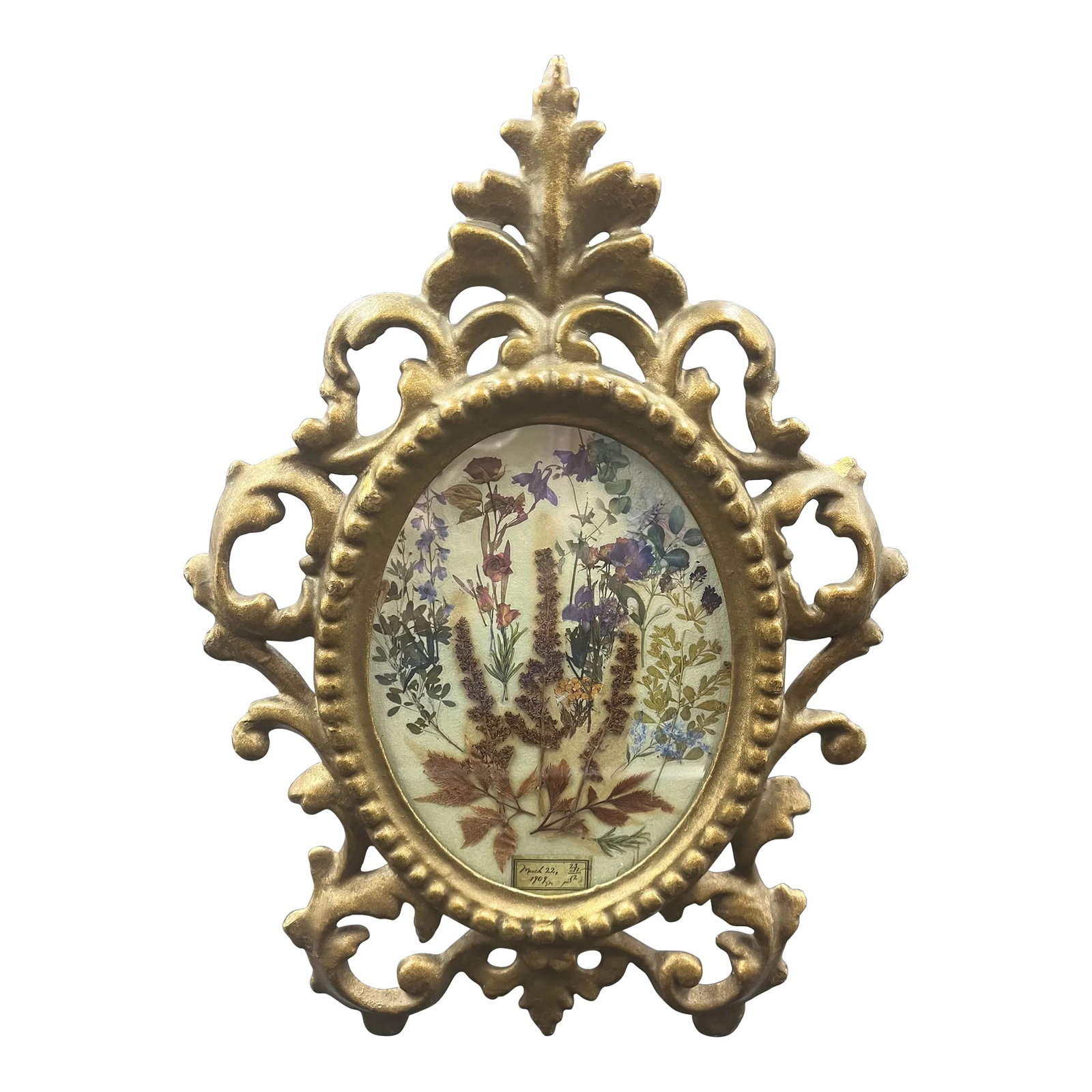 Vintage Brass Picture Frame: Very pretty vintage brass picture frame with original dried flowers & added transfers to create a charming arrangement. Frame is in good condition. Frame has a secure stand that will swing in and