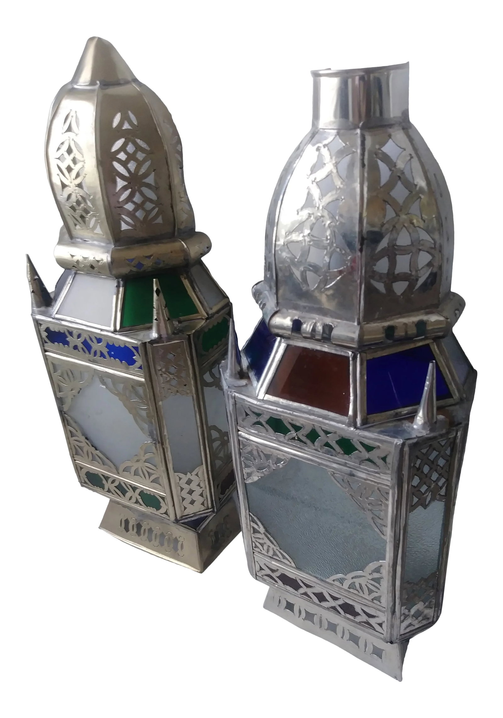 Vintage Moroccan Colored Glass Wall Sconce Shades - a Pair: Casting light in intricate and decorative patterns as you light the room with this pair of Handmade Moroccan Colored Glass Wall Sconce Shades. Frosted white glass along with blue, orange and green