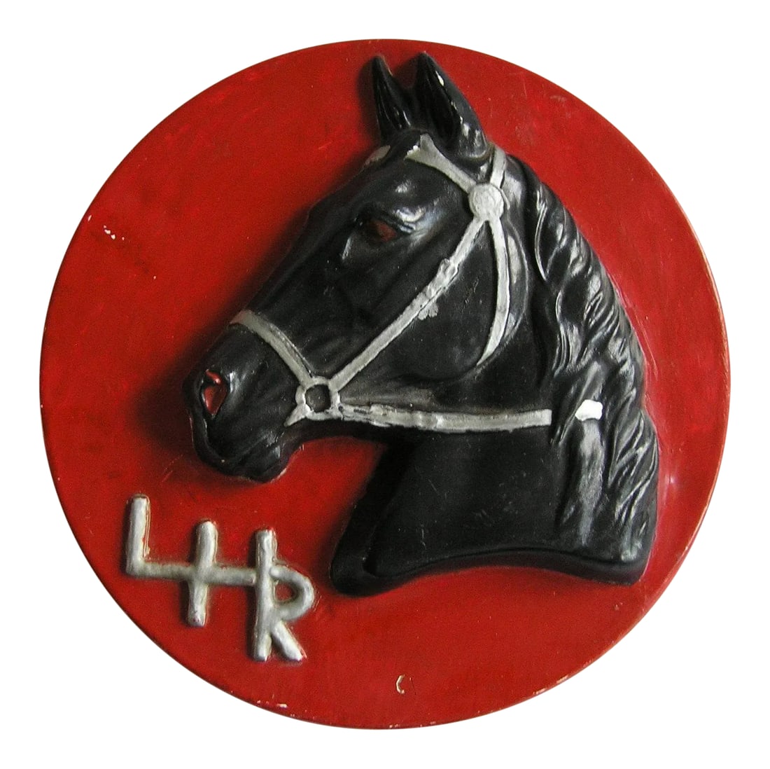 Vintage Mid-Century Chalkware Black Stallion Wall Hanging: A charming vintage chalkware black stallion horse wall hanging. Likely handmade, this piece would look delightful in a library nook, country home, or rustic den. The paint and plaster is in very good 