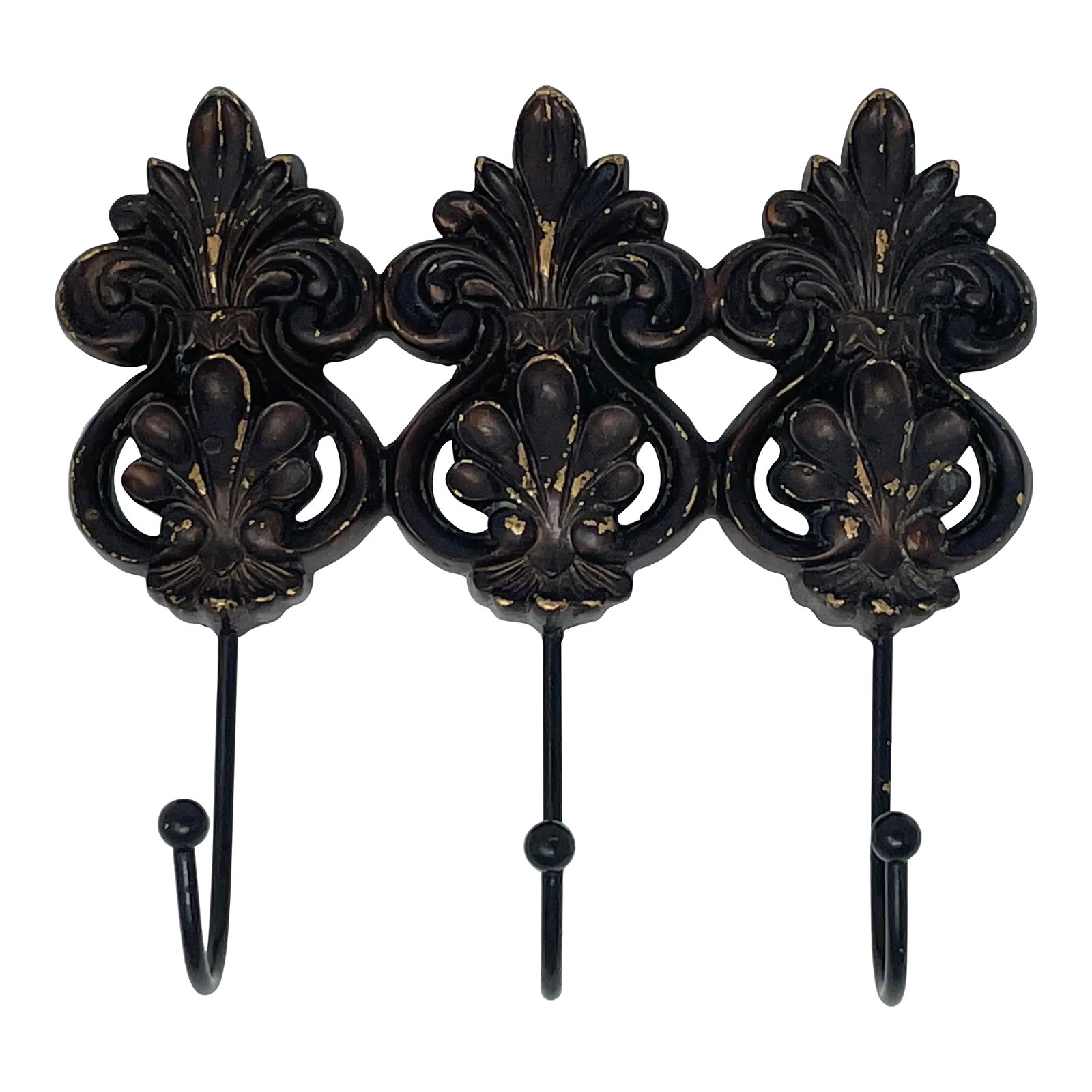 1970s Vintage Wall Mounted Triple Hook Rack: This unique piece is ready to be hung on your wall and makes a beautiful place to hang hats, keys, or light coats. The rustic charm of this vintage hook is evident in its triple fluer de lis design.