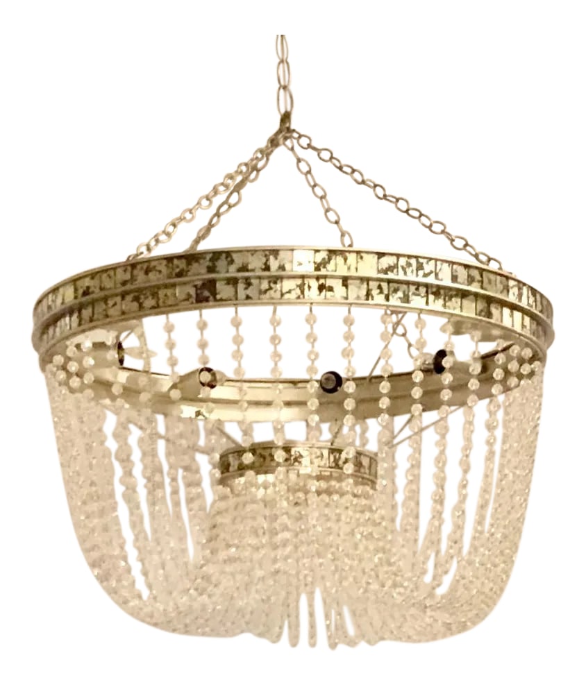 Currey & Co. Modern Crystal and Mirror Highbrow Chandelier: Stylish Currey & Co. modern crystal and antique mirror highbrow chandelier, silver frame, showroom floor sample, original retail $2440 Condition: Imperfections: Some Imperfections Condition Notes: