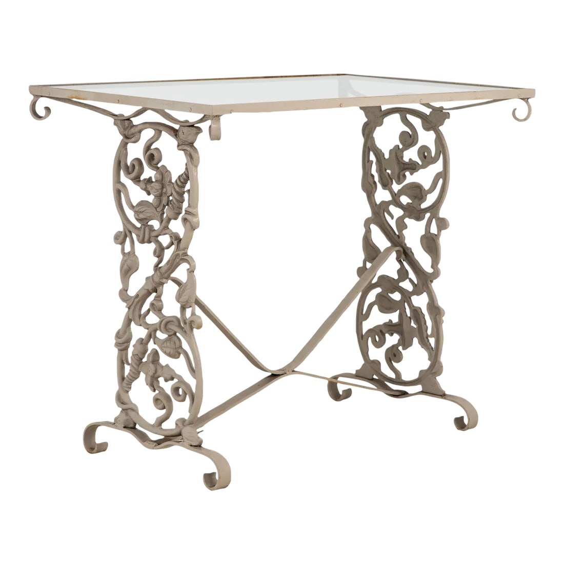 Vintage Gray Painted Iron Garden Table Console: Crafted in the late 20th century, this outdoor console exudes timeless elegance. Constructed from sturdy cast iron and adorned with a glass top, it boasts durability and style. Its trestle-style